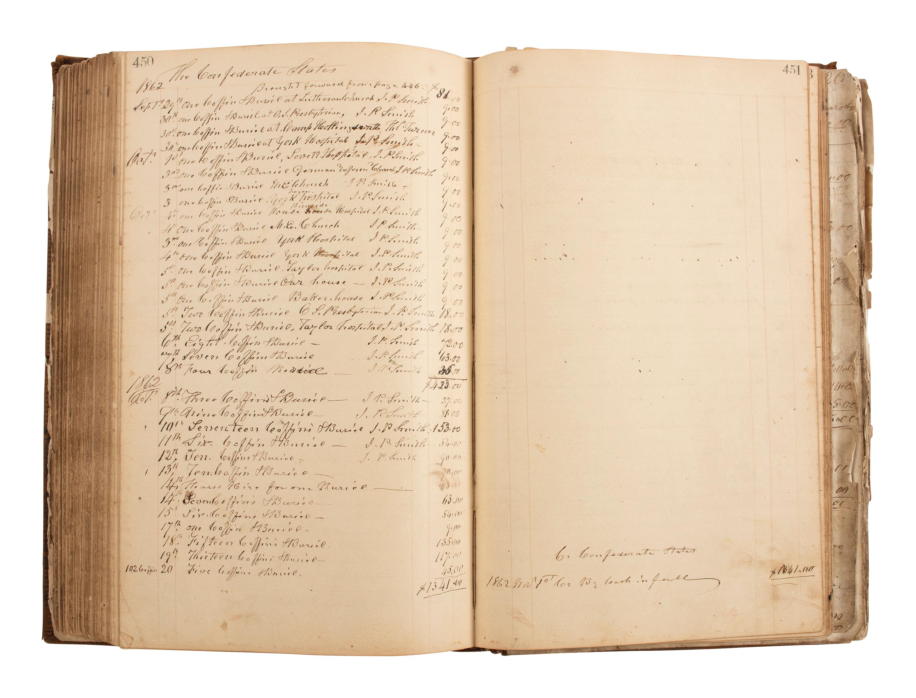 [CIVIL WAR]. Ledger book associated with Winchester, Virginia, cabinet maker John Kerr (1797-1875), documenting coffins built and sold for Union and Confederate soldiers as well as other wartime activity.