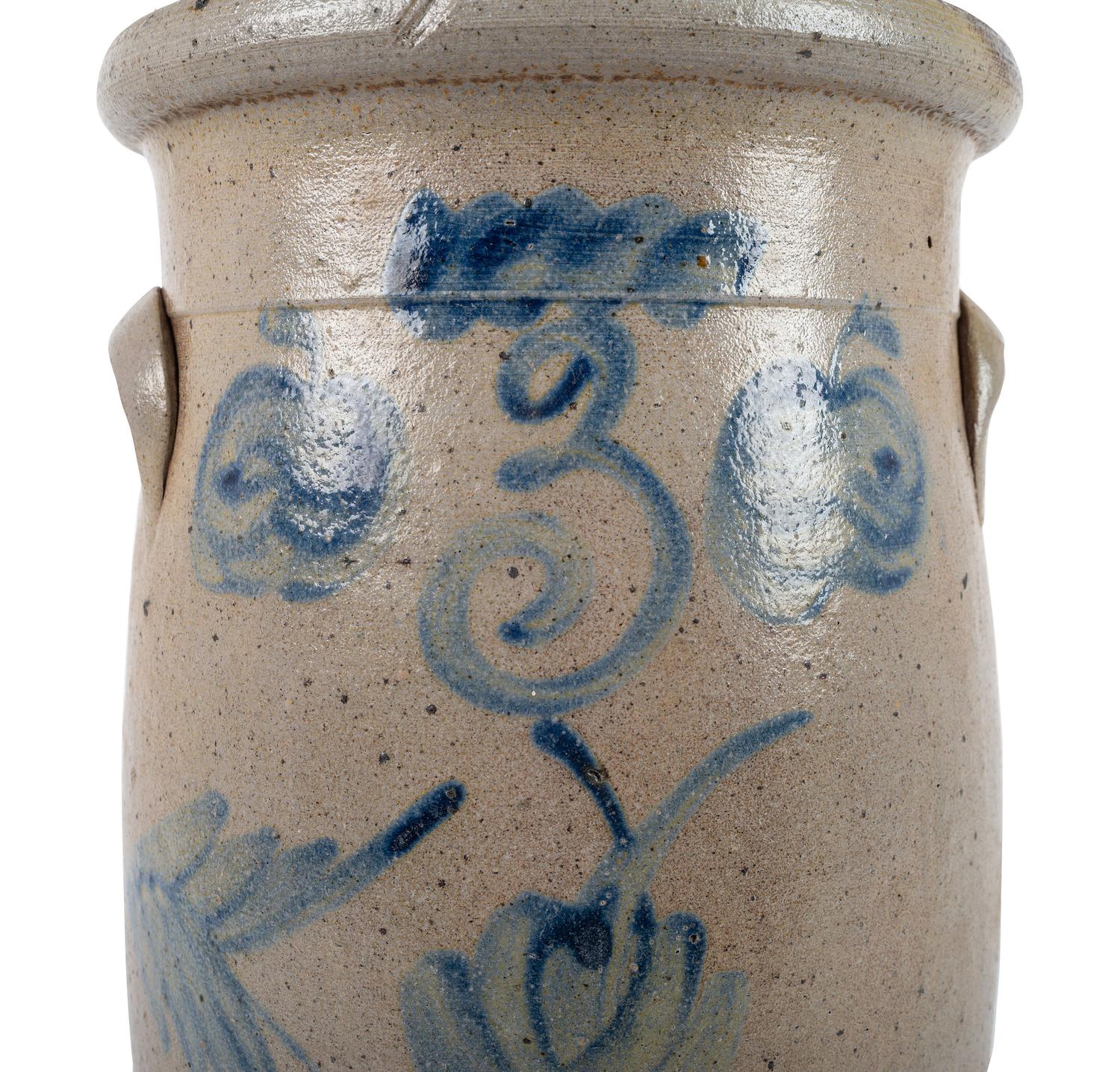 A Three-Gallon Stoneware Crock with Freehand Cobalt Apples