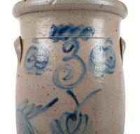 A Three-Gallon Stoneware Crock with Freehand Cobalt Apples