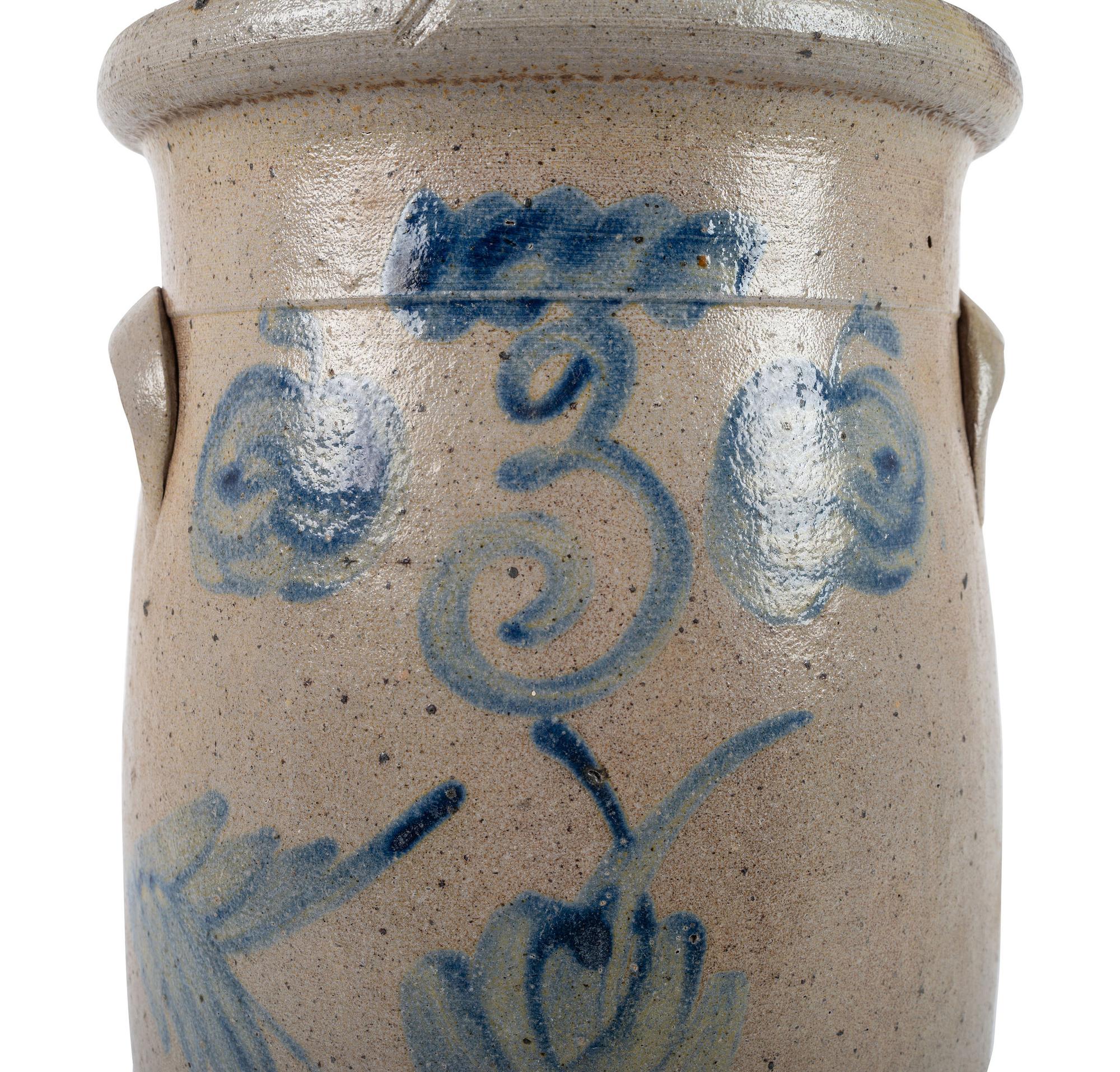 A Three-Gallon Stoneware Crock with Freehand Cobalt Apples