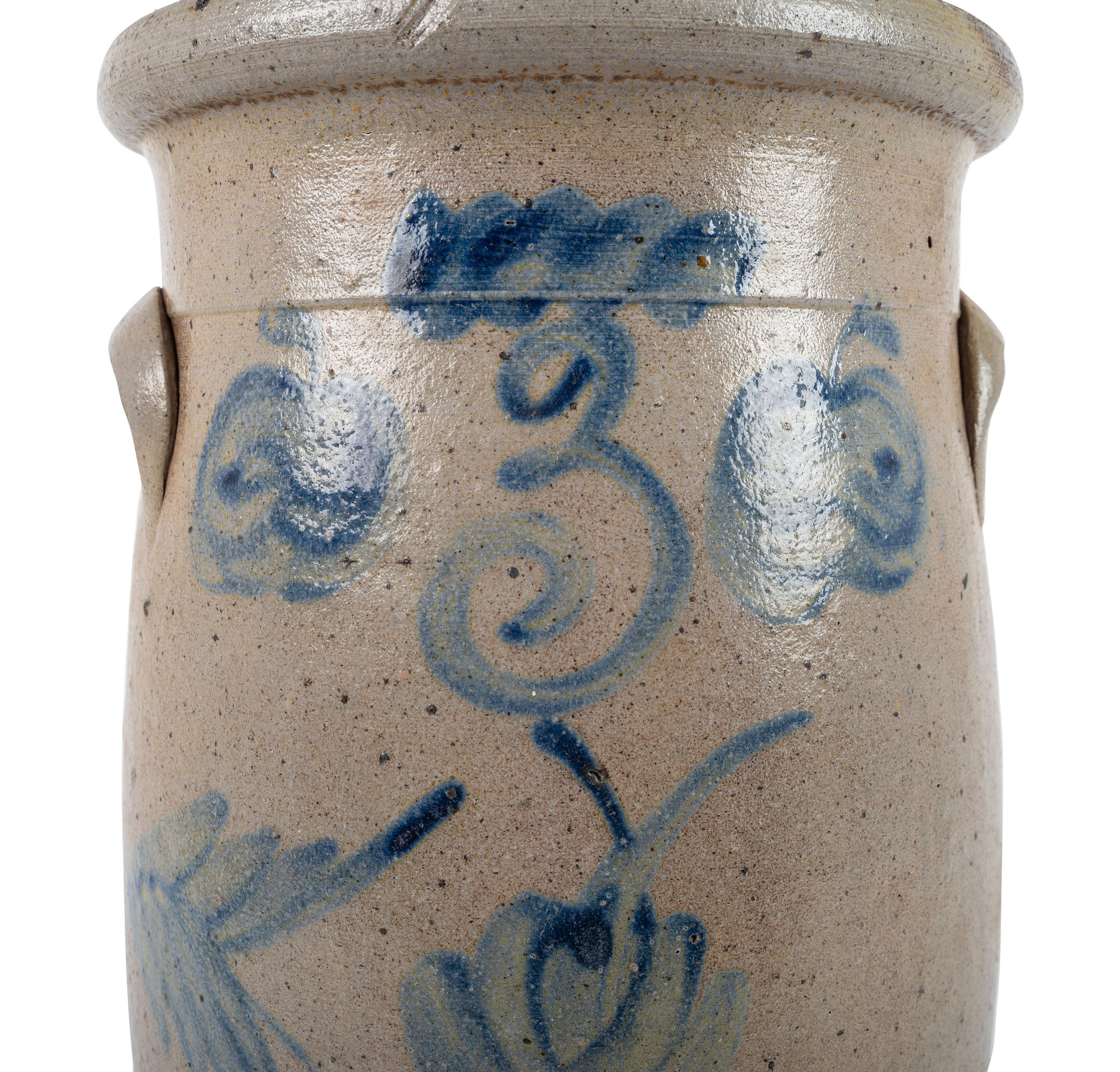 A Three-Gallon Stoneware Crock with Freehand Cobalt Apples