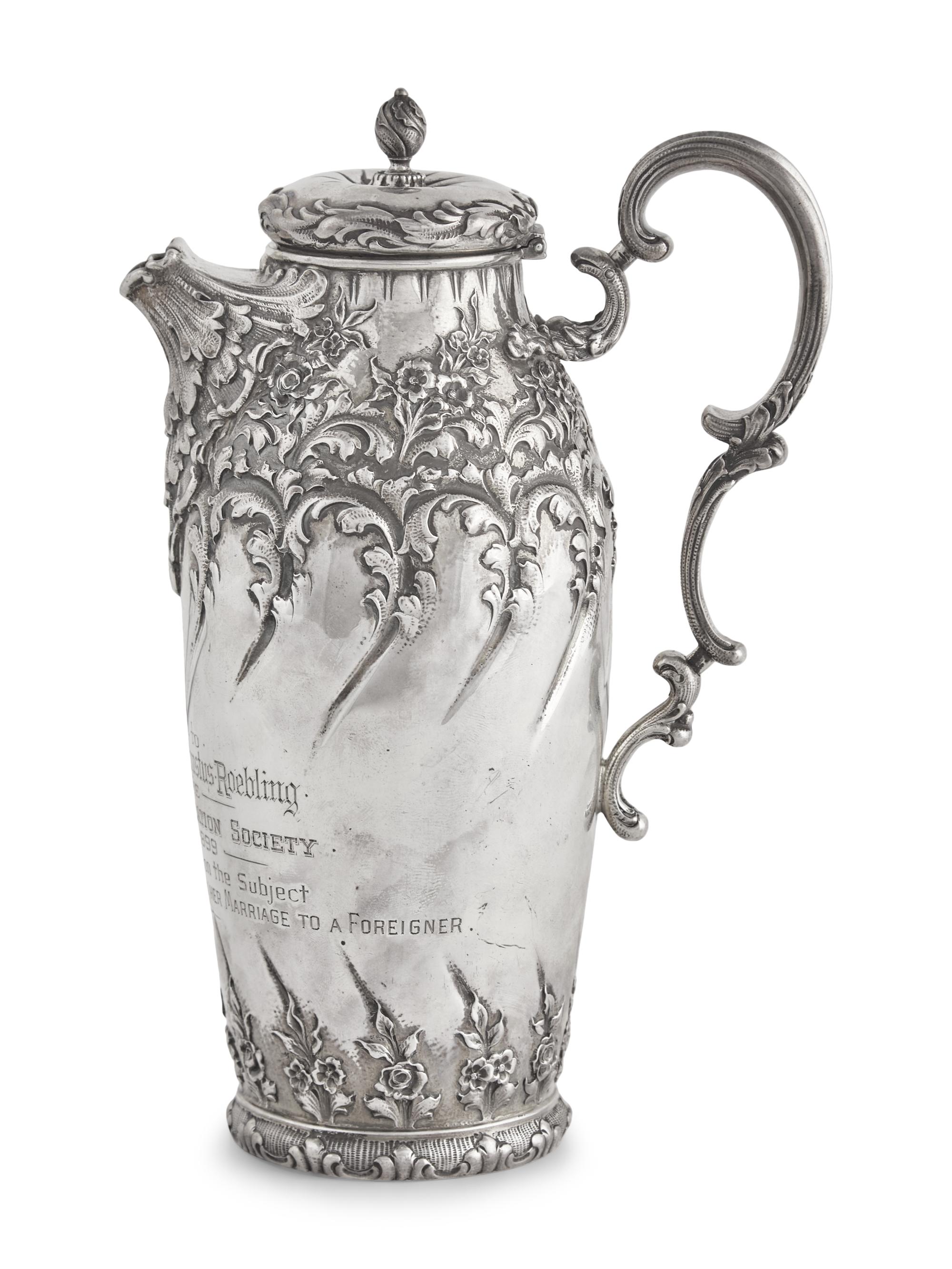 A Presentation Sterling Silver Floral Repousse Syrup Pitcher Awarded to Mrs. Washington Augustus Roebling, Gorham Mfg. Co., Providence, RI, Circa 1890s