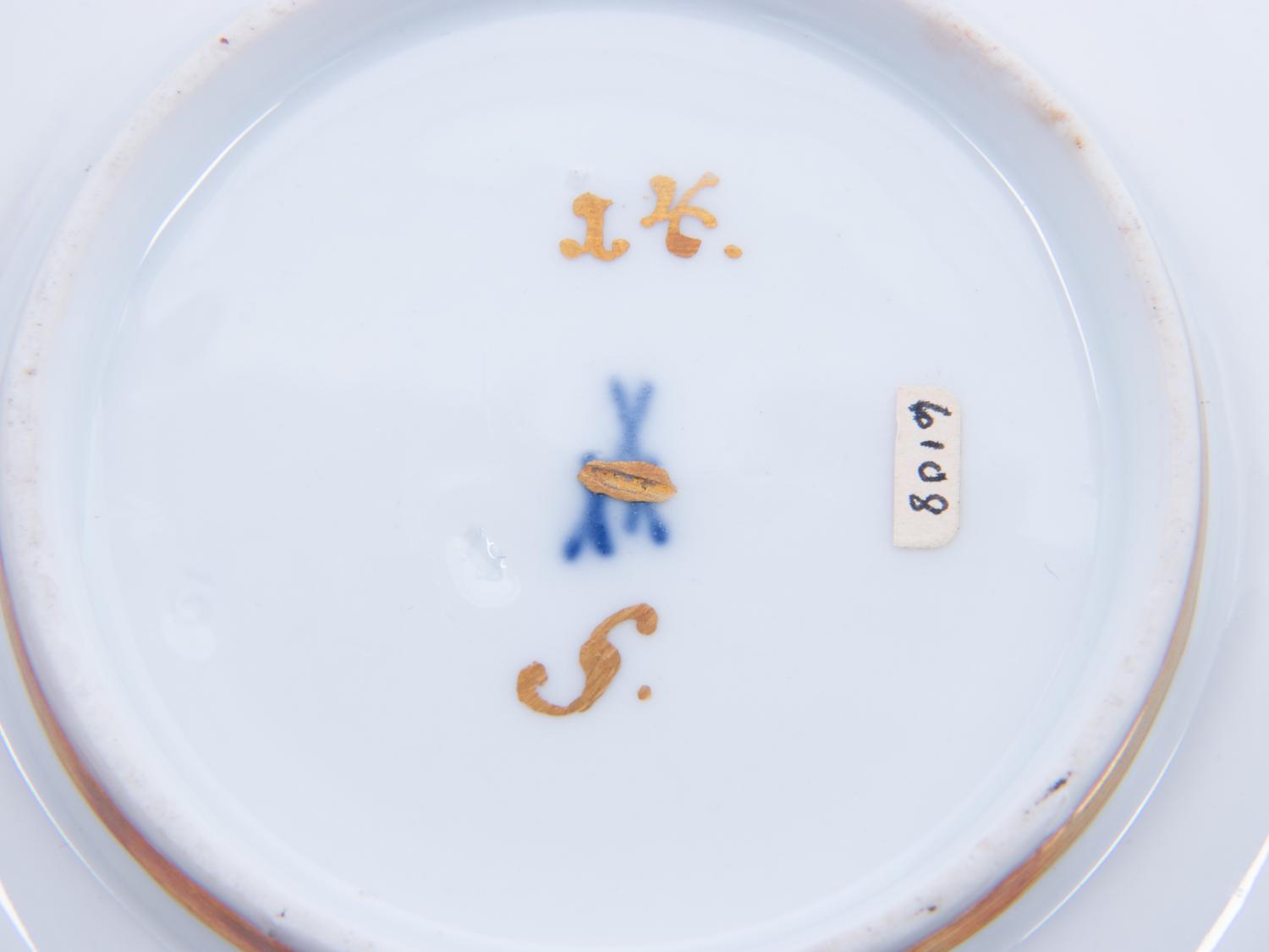 Three Meissen Painted and Parcel Gilt Porcelain Cup and Saucer Sets, a Covered Cup and Two Spoons