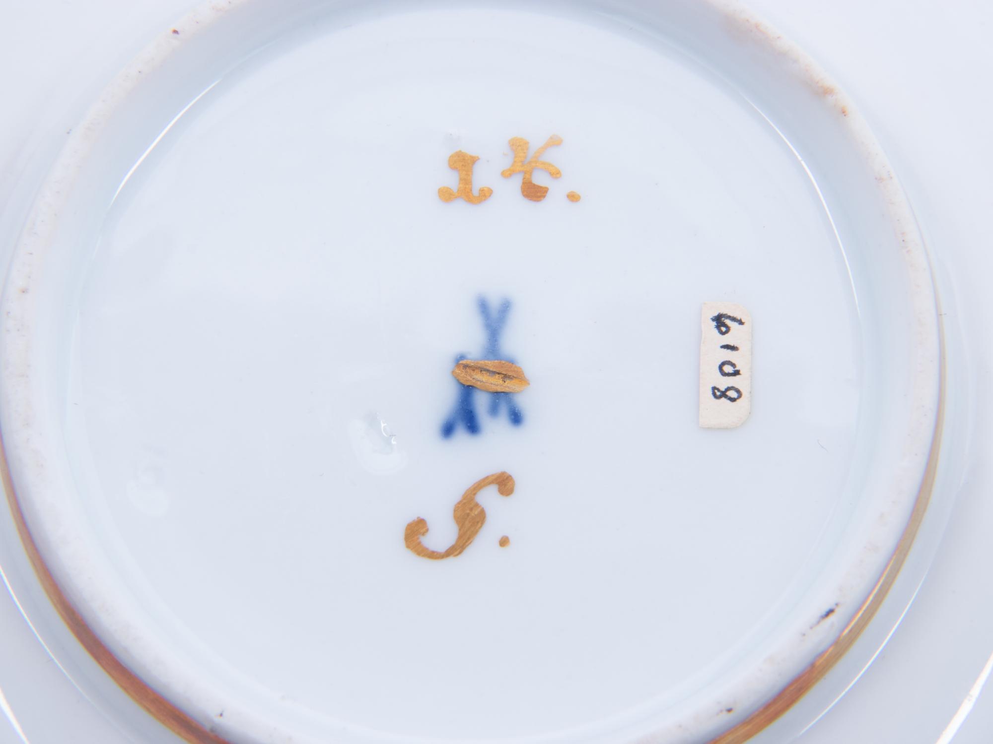 Three Meissen Painted and Parcel Gilt Porcelain Cup and Saucer Sets, a Covered Cup and Two Spoons