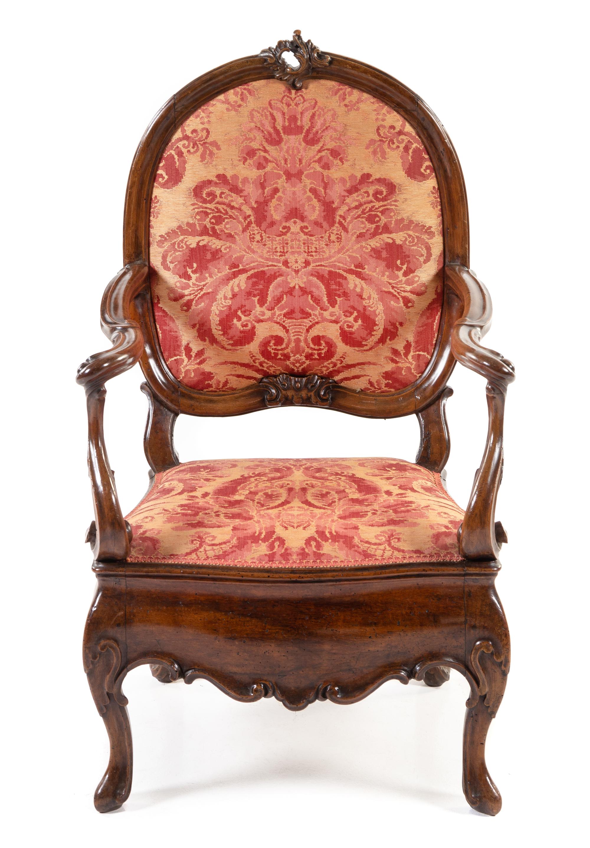 An Italian Walnut Armchair Height 43 1/2 inches. — 19TH CENTURY