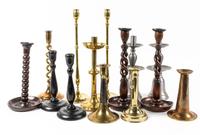 A Collection of Brass and Oak Candlesticks Height of first 8 inches. — PRIMARILY ENGLISH, 19TH CENTURY