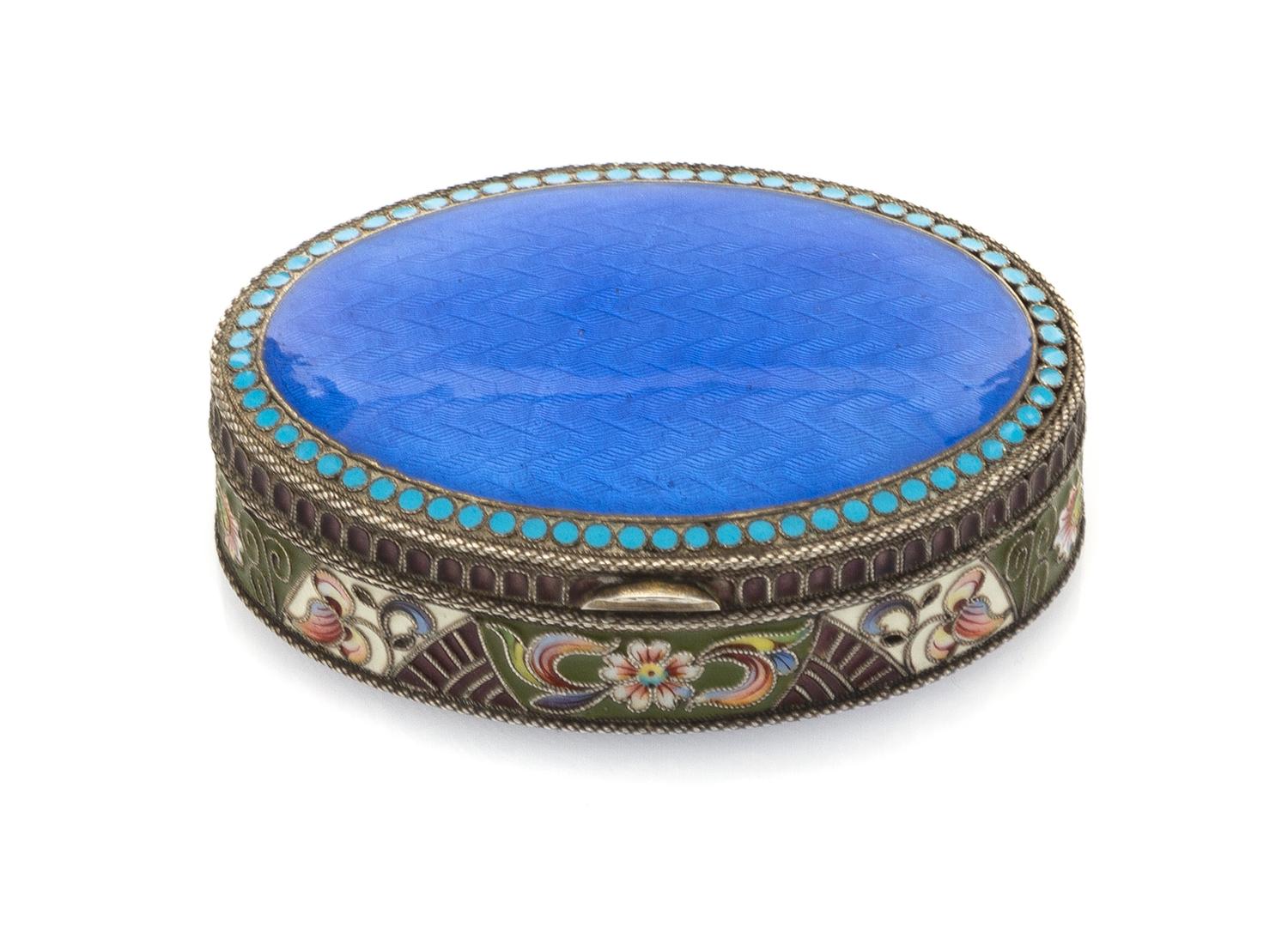A Russian Guilloche Enamel and Silver Box, Maria Semenova, Moscow, late 19th/early 20th century, of oval form, the lid decorated with a