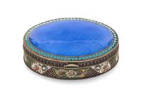 A Russian Guilloche Enamel and Silver Box, Maria Semenova, Moscow, late 19th/early 20th century, of oval form, the lid decorated with a