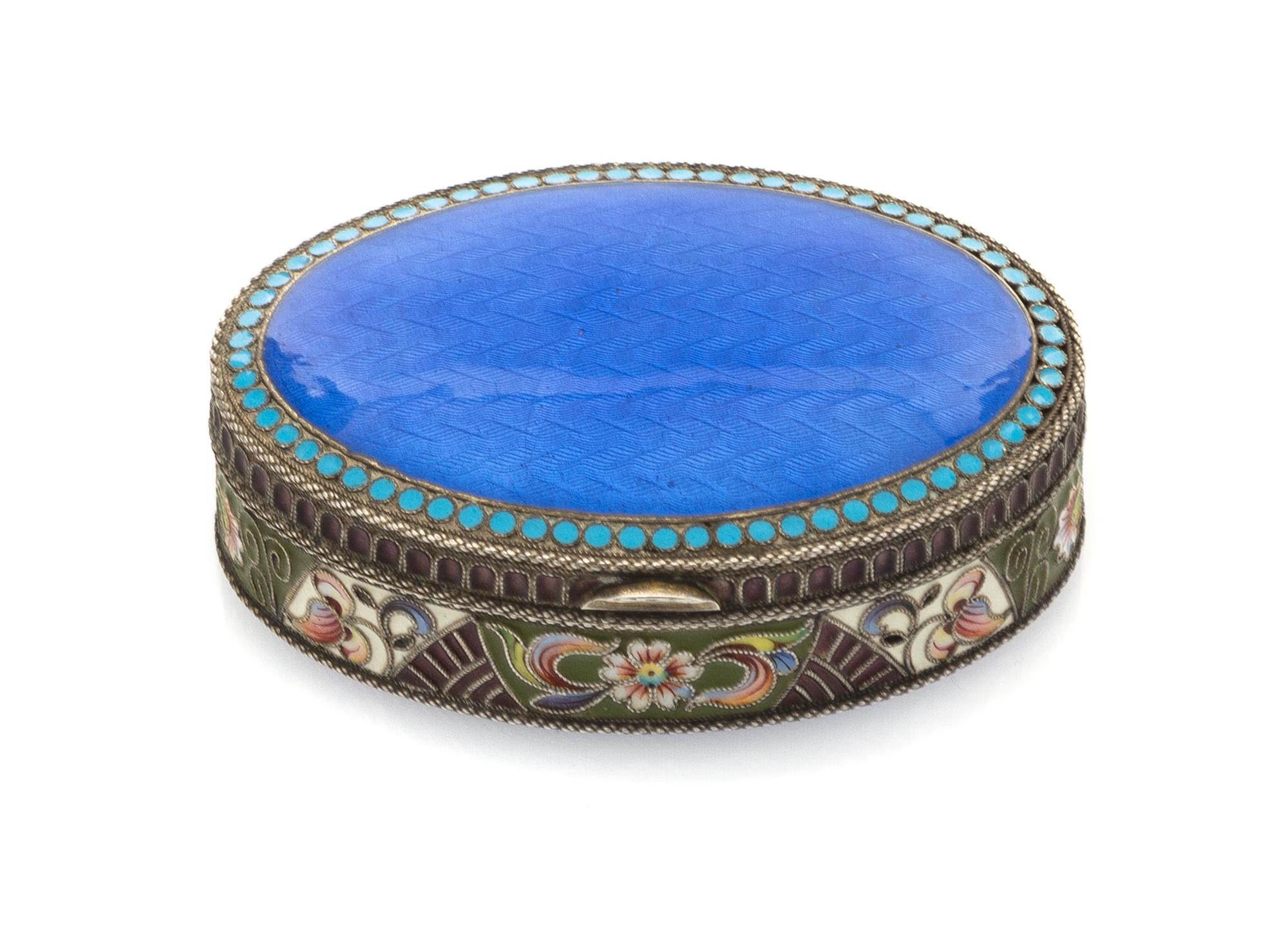 A Russian Guilloche Enamel and Silver Box, Maria Semenova, Moscow, late 19th/early 20th century, of oval form, the lid decorated with a