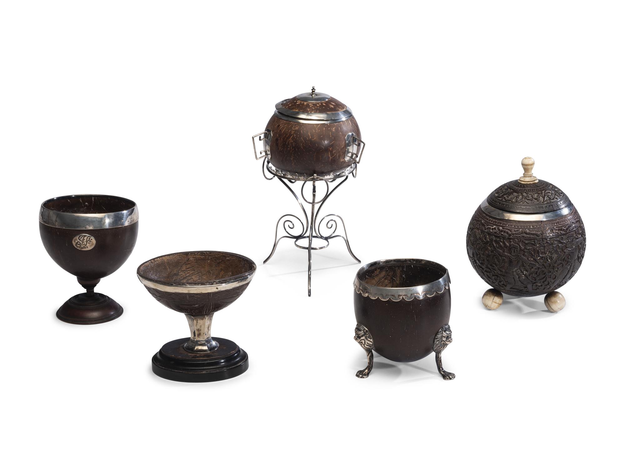 Five Silver Mounted Coconut Wares