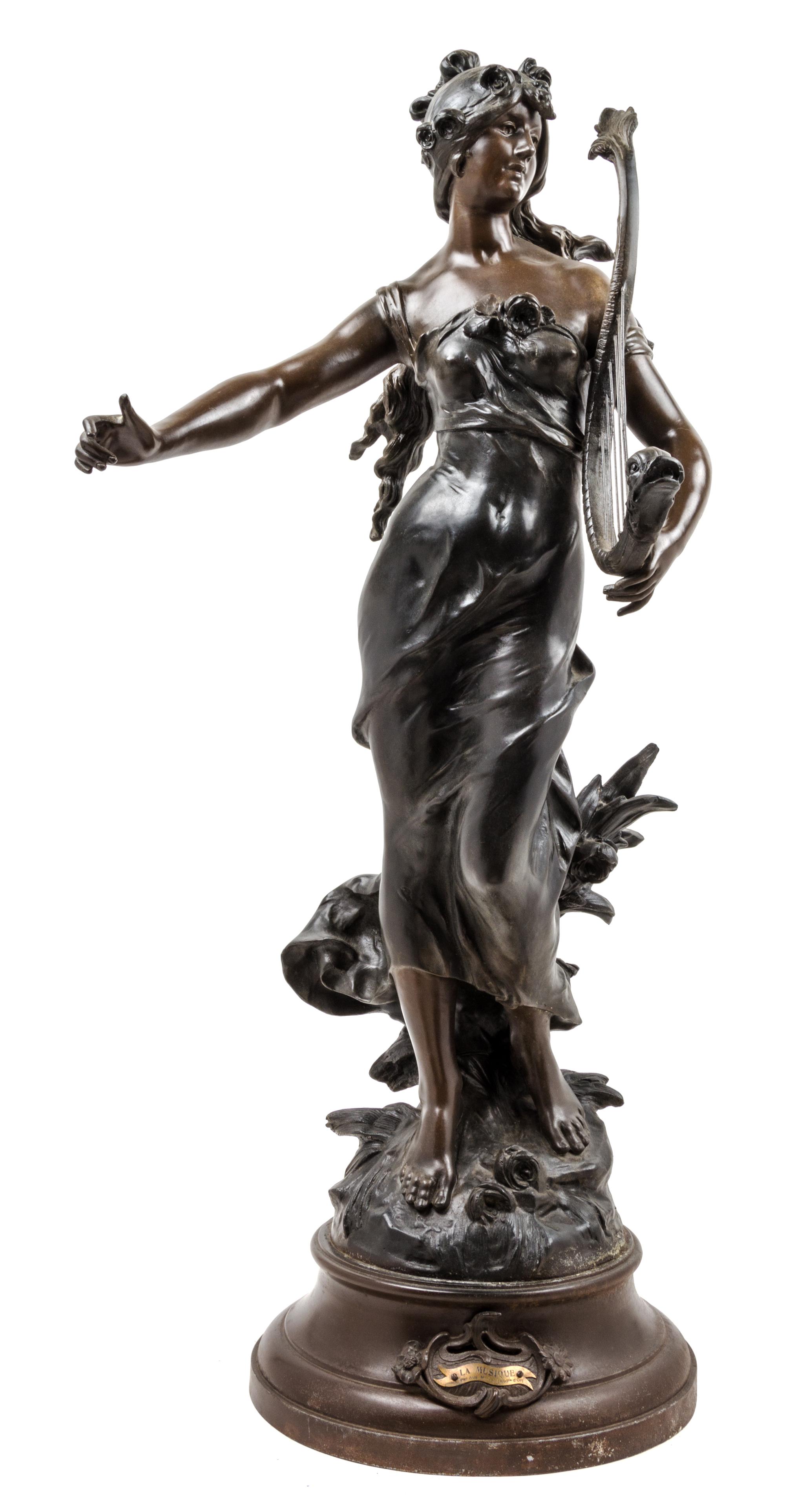 A French Patinated Metal Newel Post Figure Height 34 1/2 inches. — AFTER AUGUSTE MOREAU (1834-1917)
