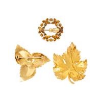 Three Cultured Pearl and Yellow Gold Foliate Brooches