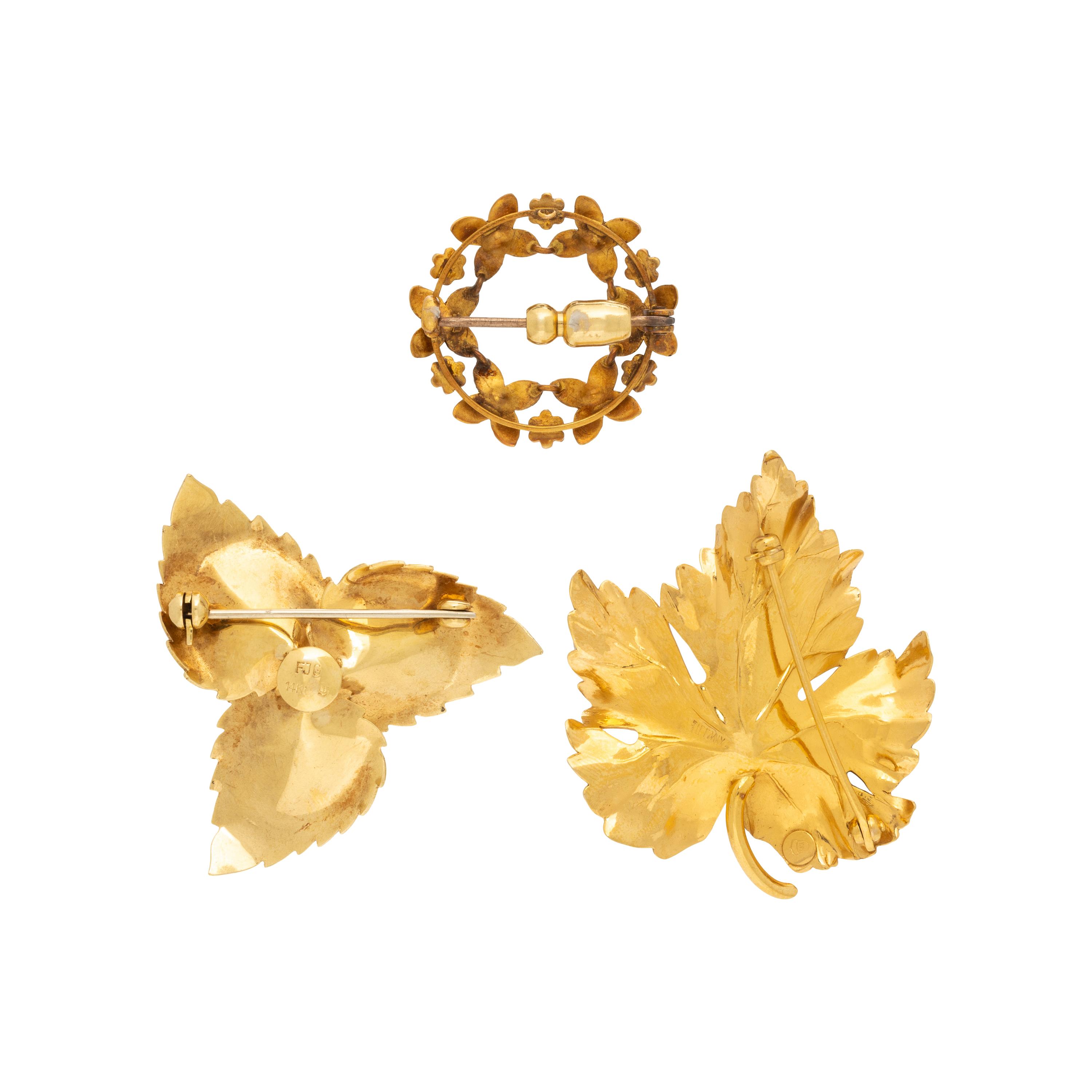 Three Cultured Pearl and Yellow Gold Foliate Brooches