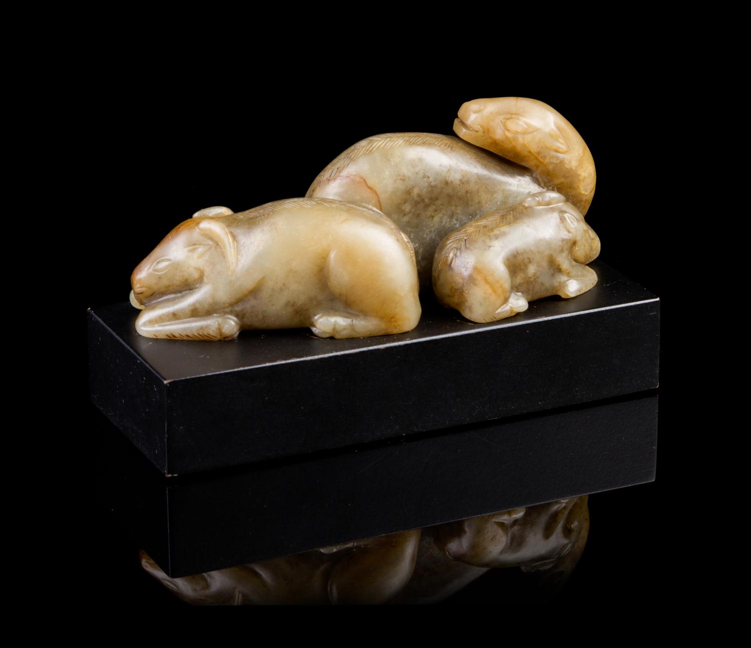 A Chinese Yellow Jade Figural Group MING DYNASTY Width 4 1/8 inches. — MING DYNASTY
