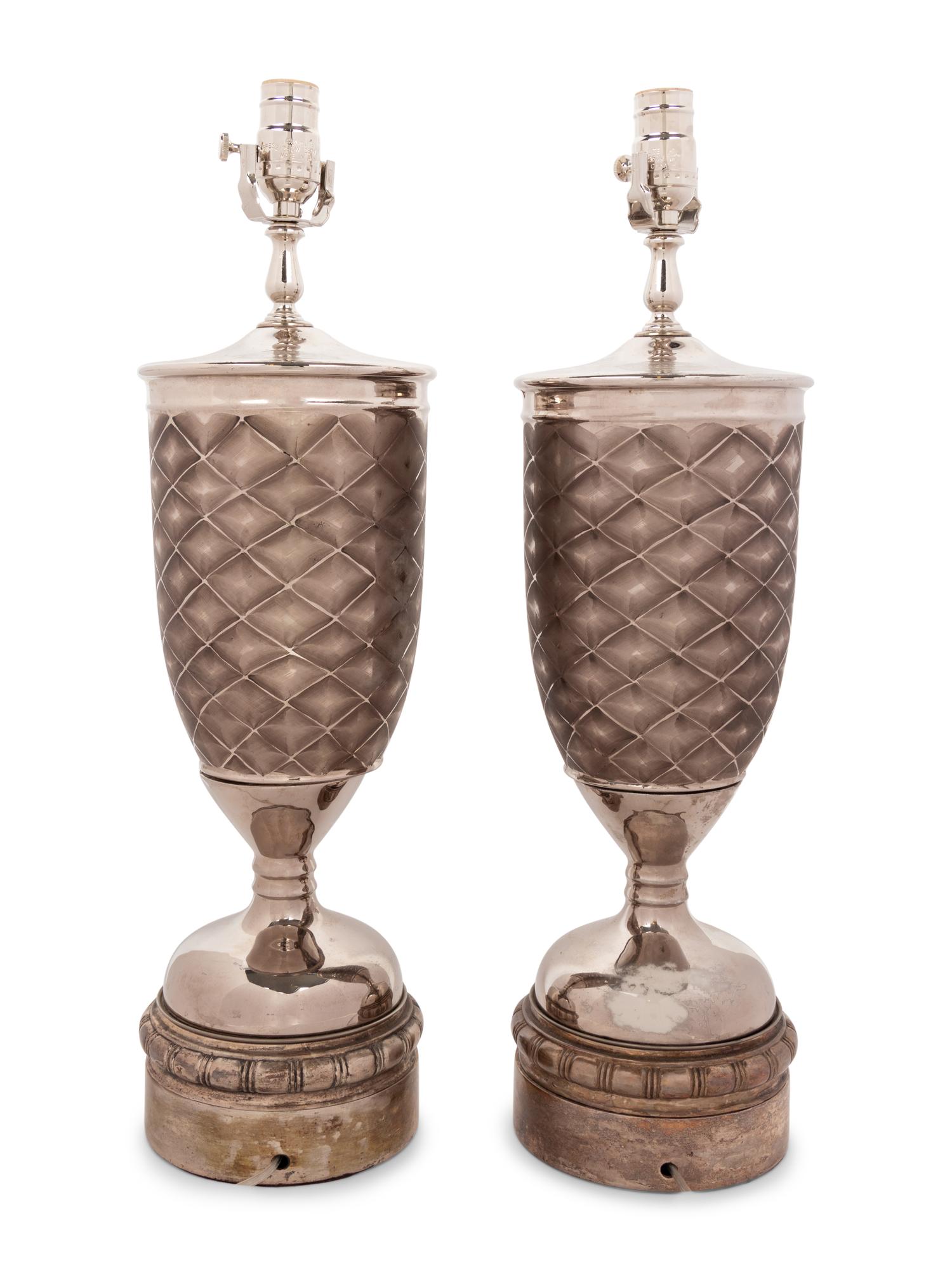 A Pair of Silvered Metal Mounted Pottery Vases Mounted as Lamps
