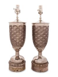 A Pair of Silvered Metal Mounted Pottery Vases Mounted as Lamps