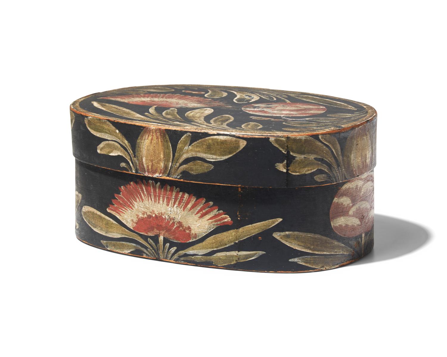 A Painted and Decorated Oval Bentwood Box