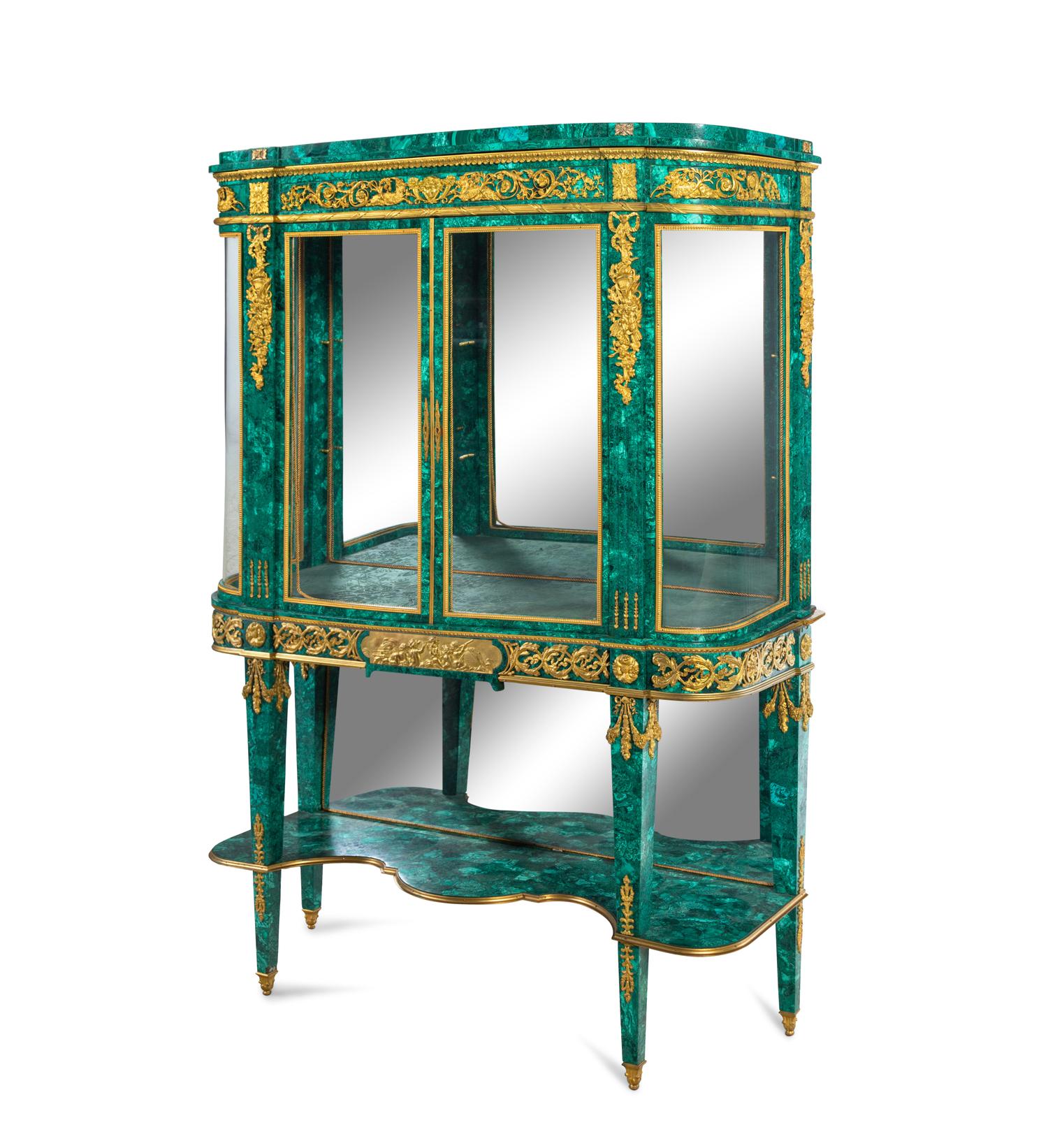 A Louis XVI Style Gilt Bronze Mounted Malachite Veneered Vitrine Cabinet
