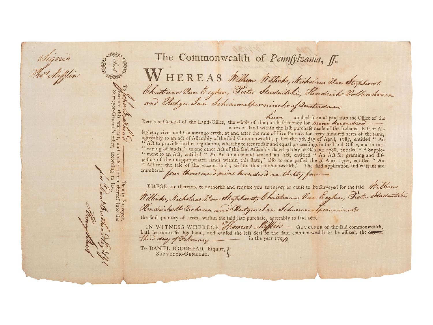 MORRIS, Robert (1734-1806). Document signed ("Robt. Morris") as Pres. of the North American Land Co.