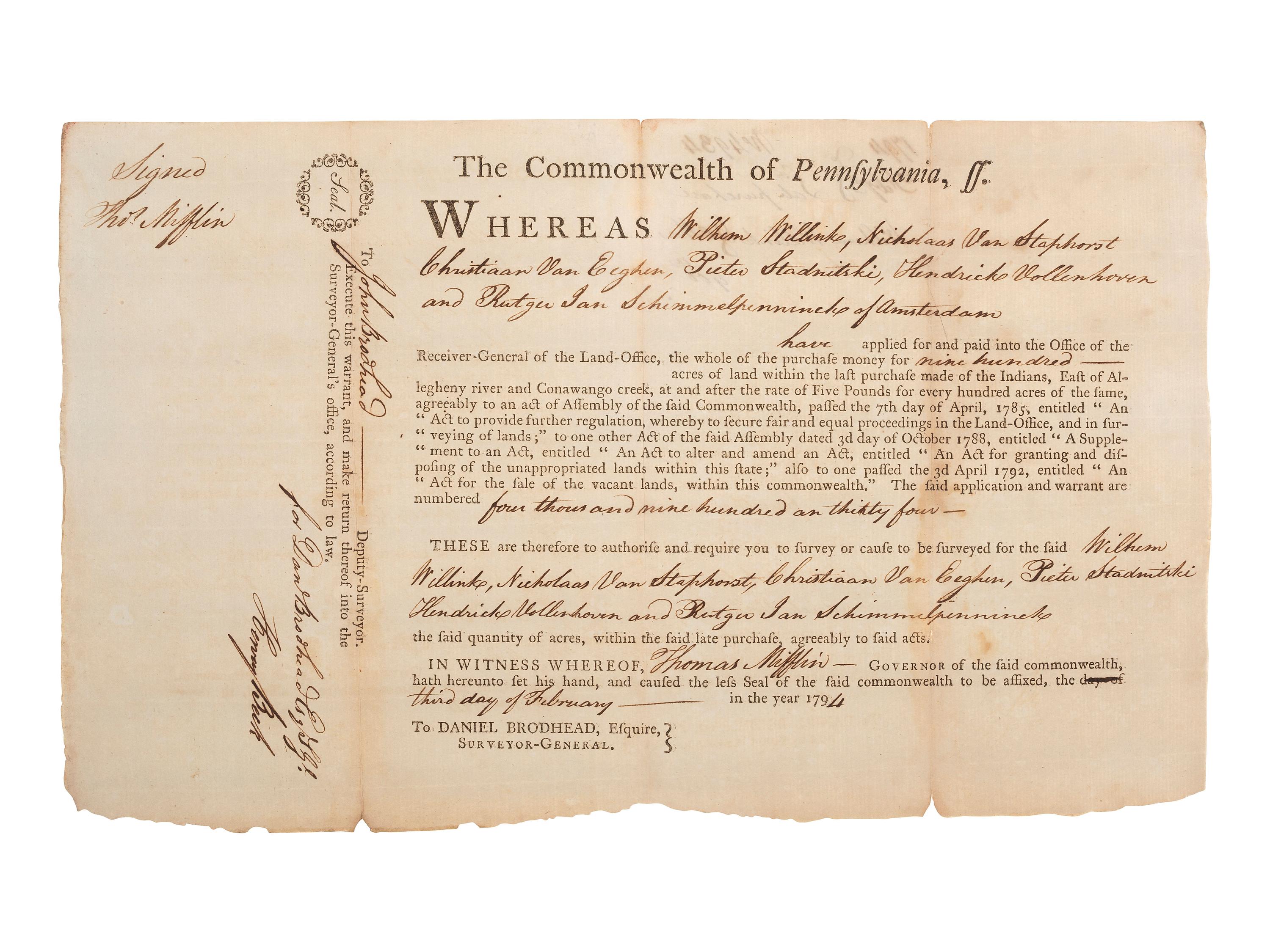 MORRIS, Robert (1734-1806). Document signed ("Robt. Morris") as Pres. of the North American Land Co.