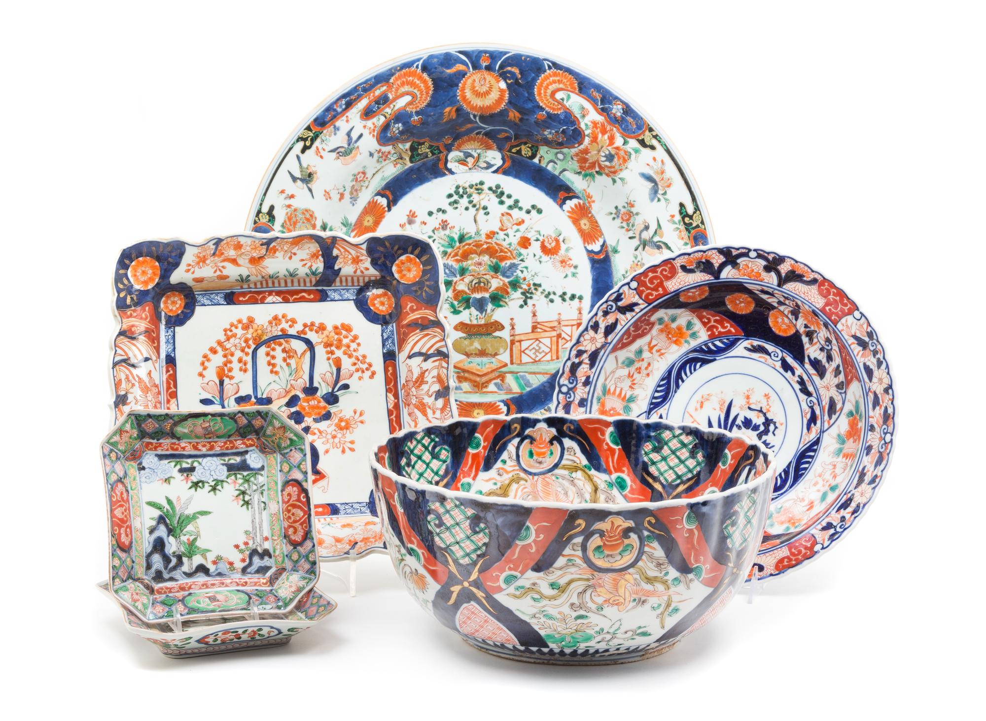 Six Imari Palette Porcelain Articles Diameter of largest 19 1/4 inches. — LATE 19TH CENTURY