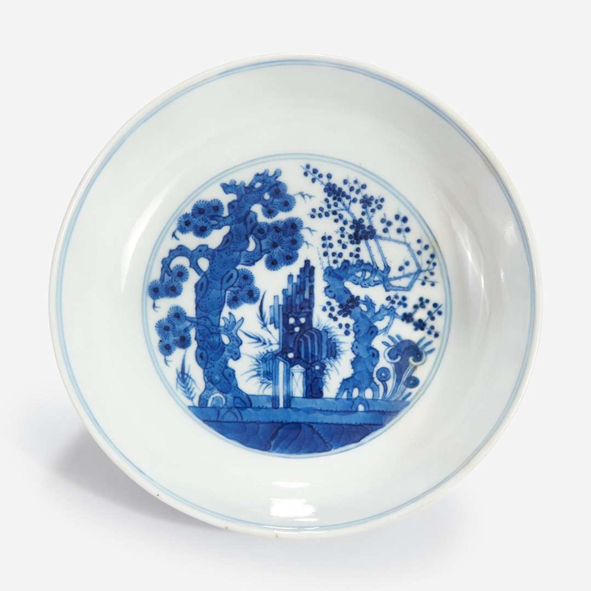 A Chinese blue and white porcelain "Three Friends" dish Tongzhi mark and of the period