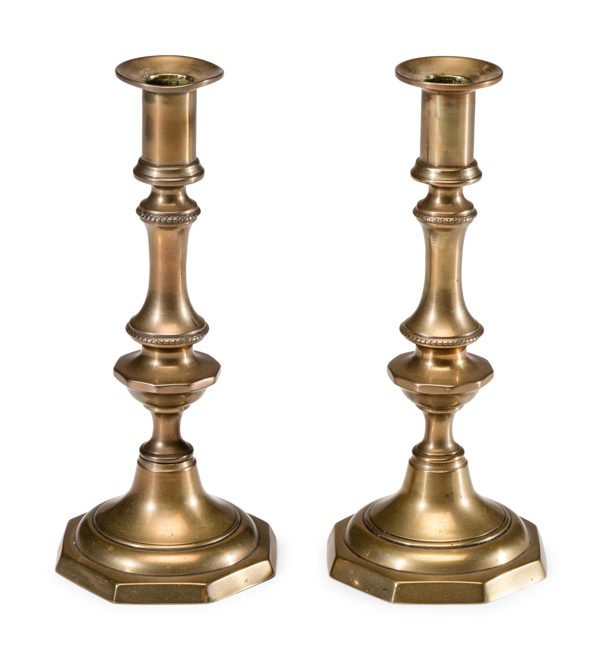 A Pair of English Brass Octagonal Base Candlesticks