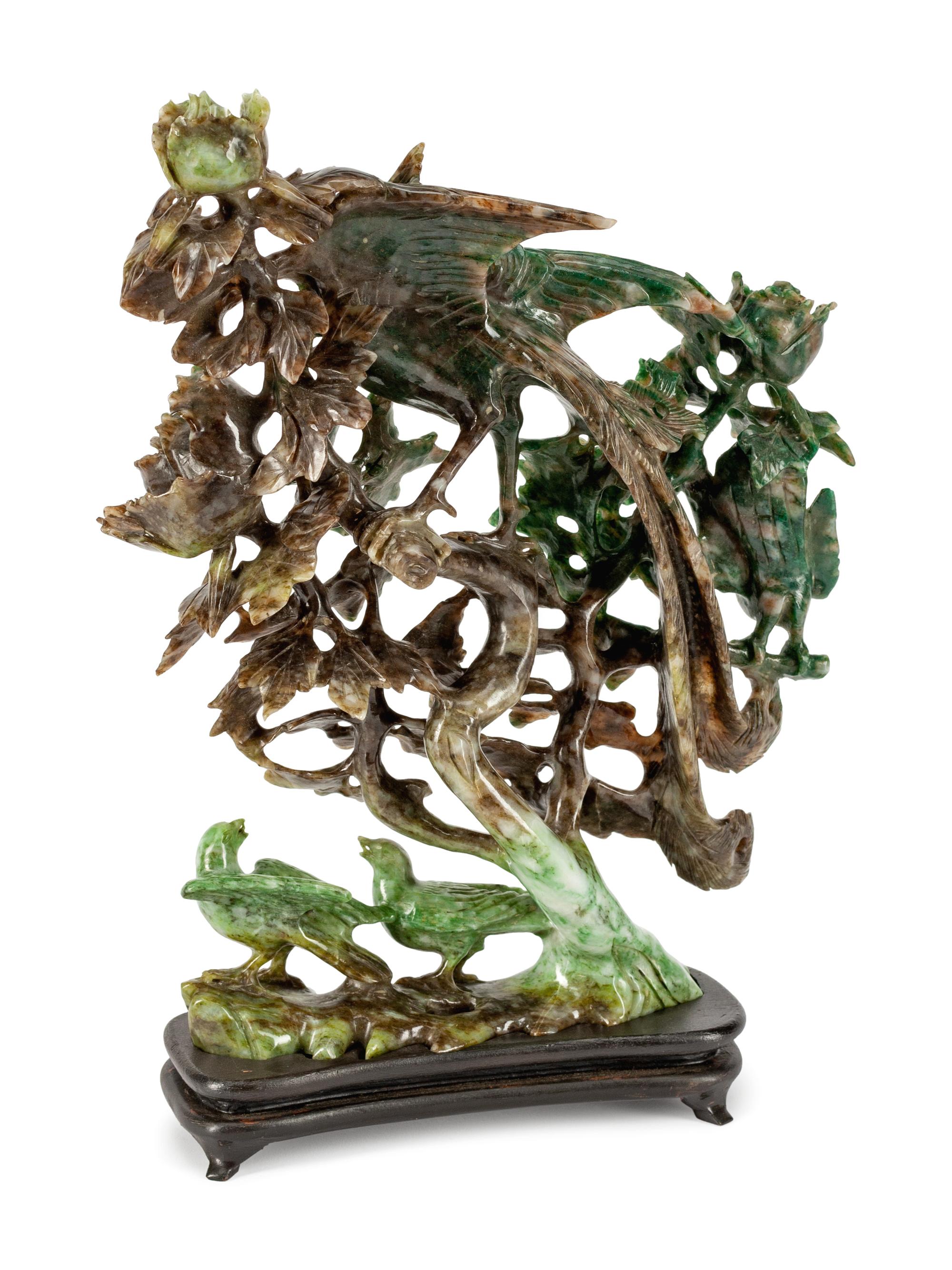 A Chinese Pierce-Carved Hardstone Bird Group
