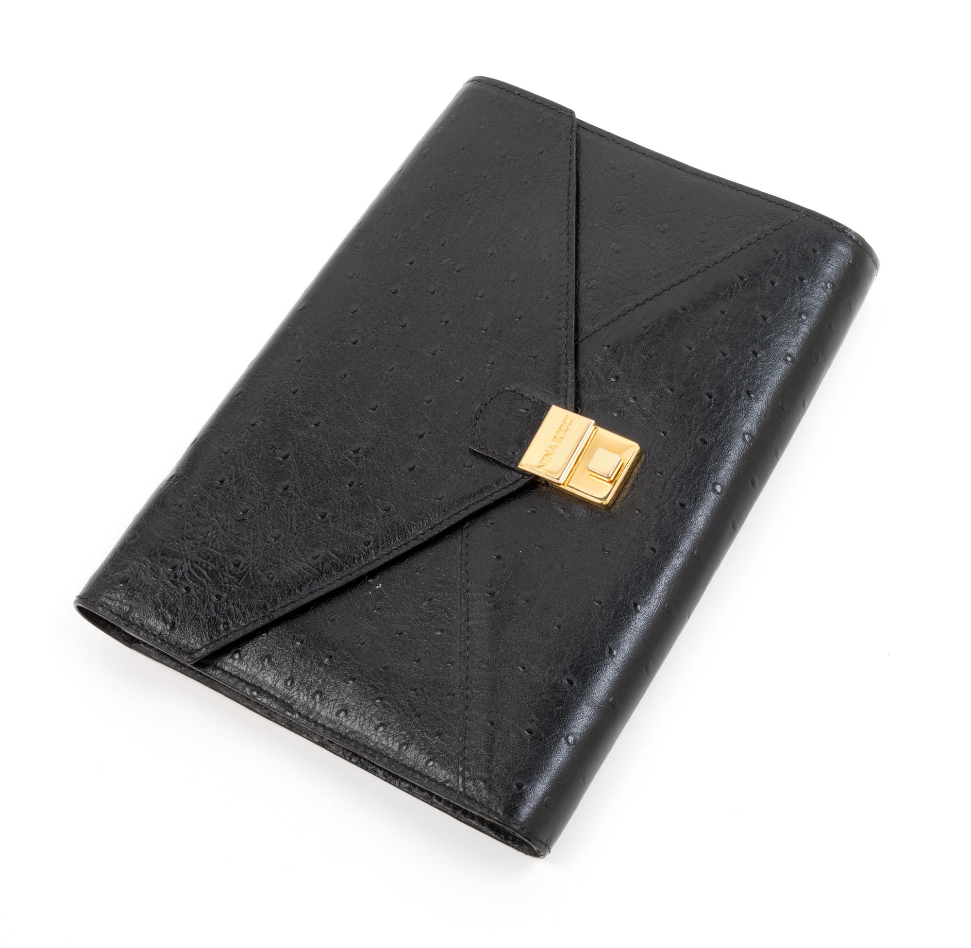 Nina Ricci Black Faux Ostrich Envelope Clutch, 1980-90s