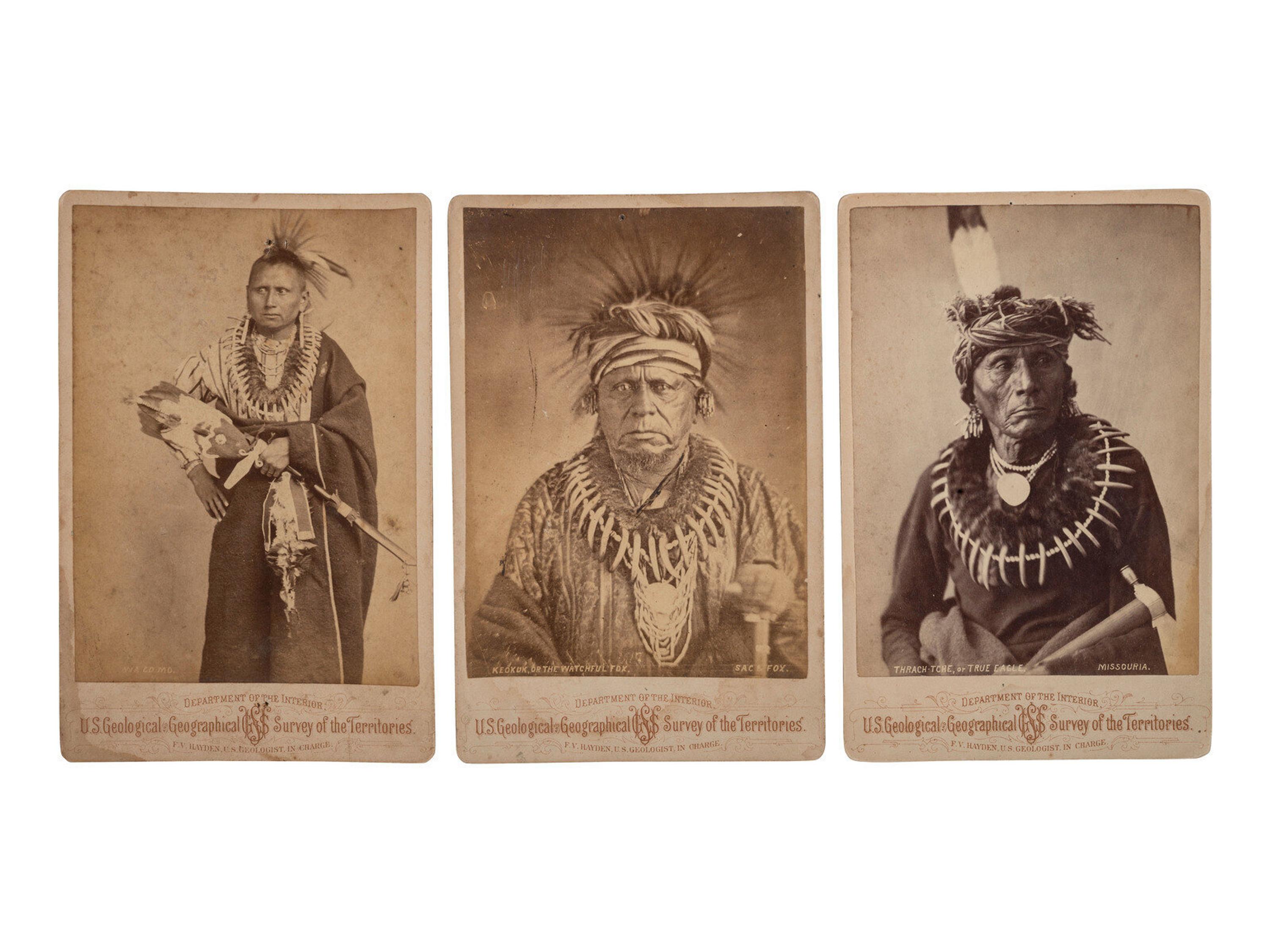 [Native Americans]. A group of 3 cabinet cards of Native American subjects from the Hayden Geological Survey, ca 1870s.