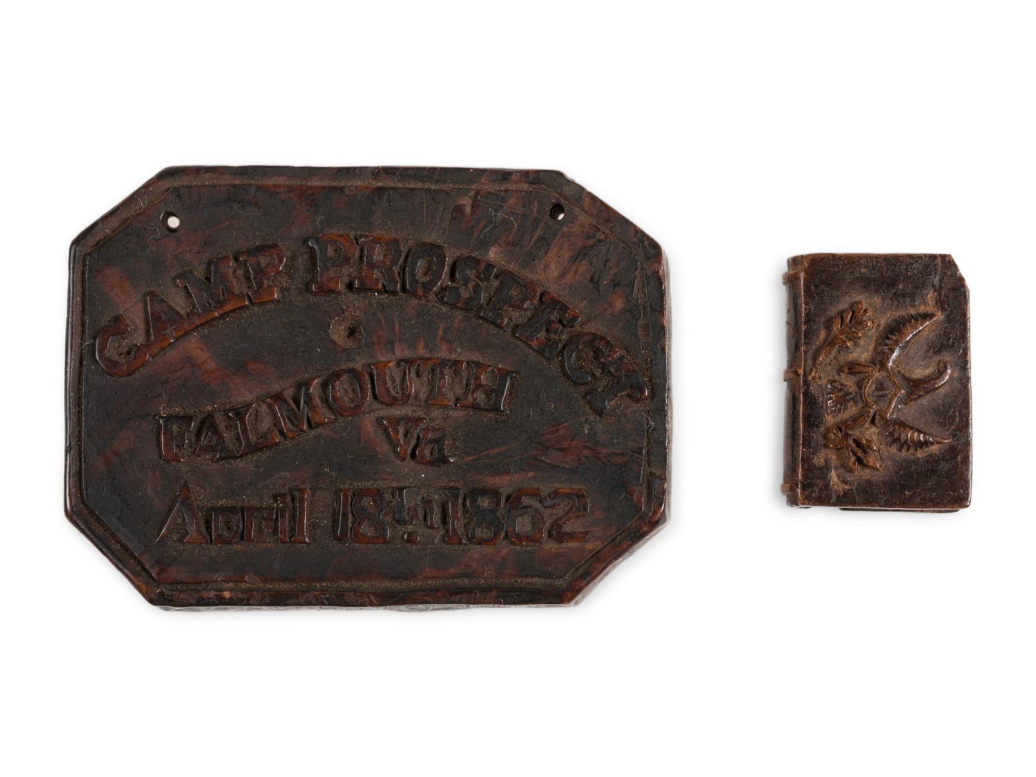 A group of 3 items, incl. Civil War soldier's folk art wood carving from Camp Falmouth, Virginia. 1862.