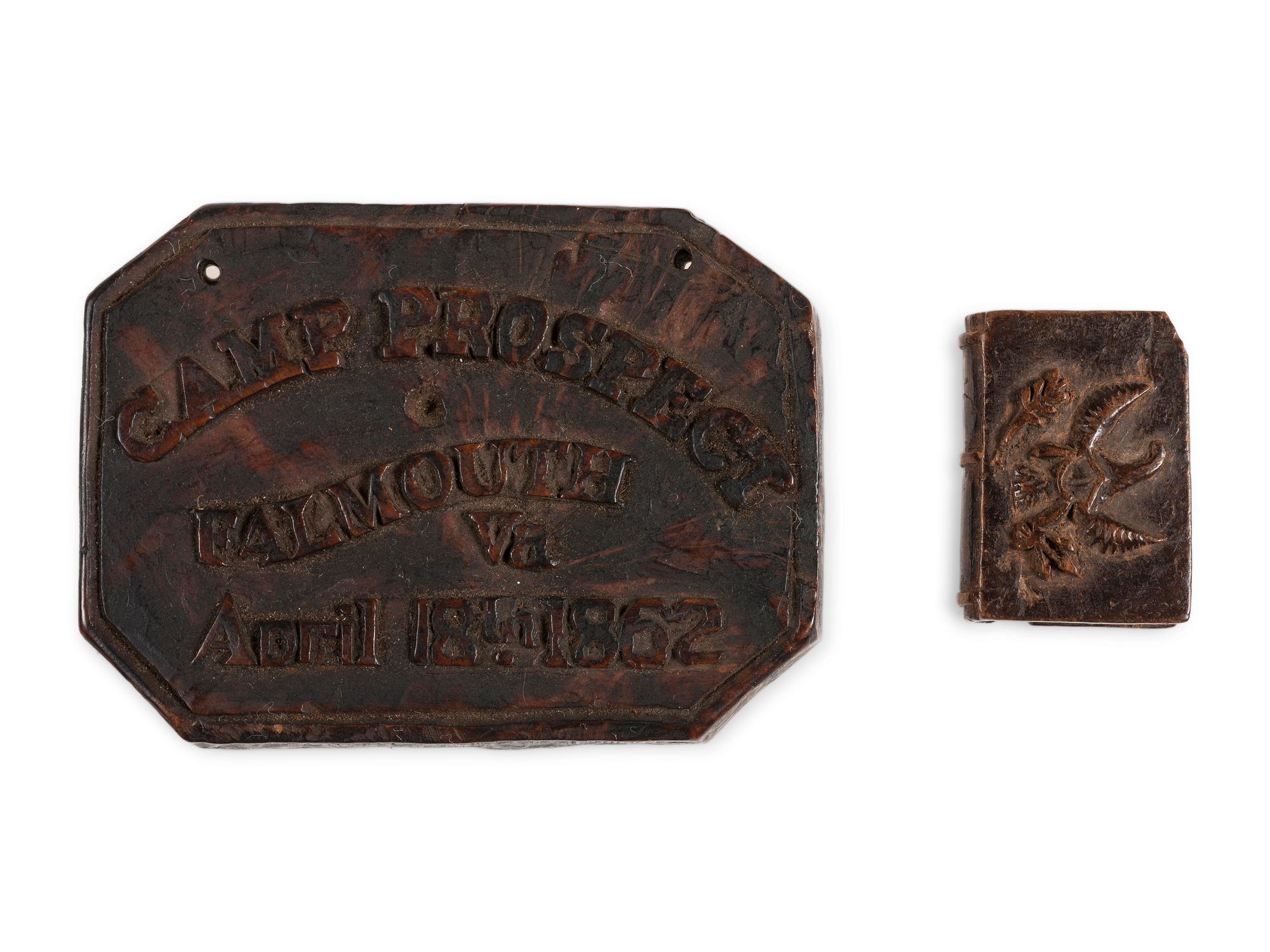 A group of 3 items, incl. Civil War soldier's folk art wood carving from Camp Falmouth, Virginia. 1862.