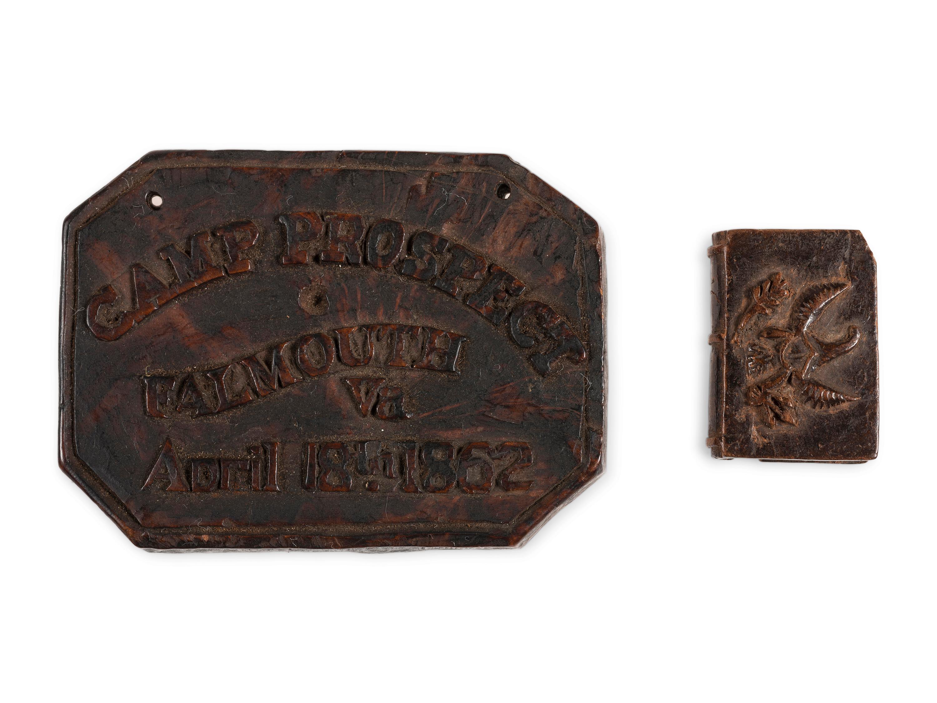A group of 3 items, incl. Civil War soldier's folk art wood carving from Camp Falmouth, Virginia. 1862.