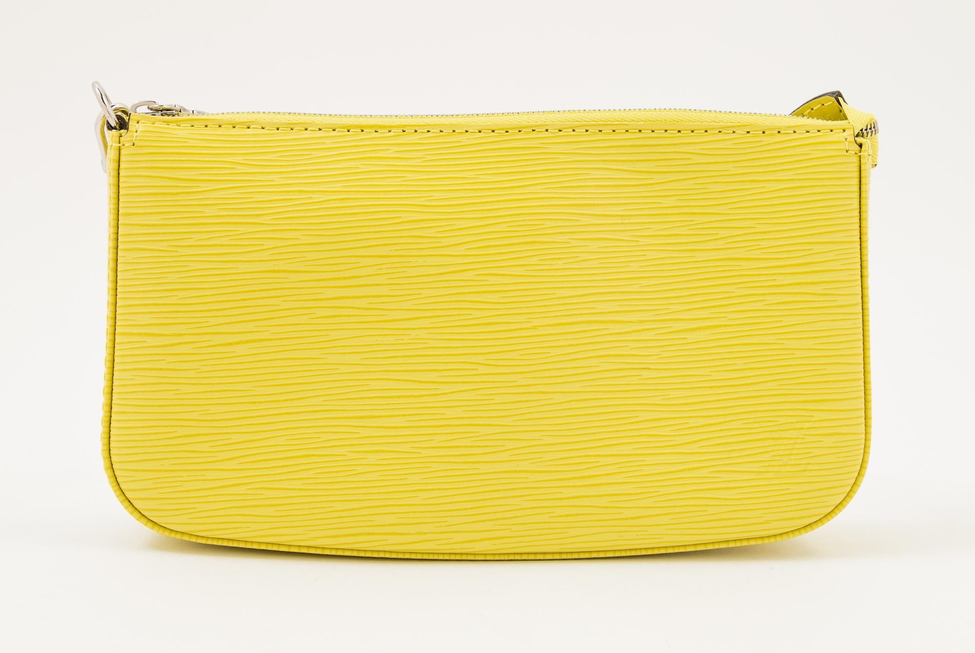 A Louis Vuitton Neon Yellow Epi Leather Pochette, 9" x 5.25" x 1.25"; Strap drop: 9".