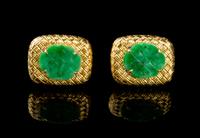 A Pair of Chinese 18 Karat Gold and Jadeite Cufflinks Length 7/8 inches.