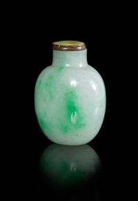 A Celadon and Apple Green Jadeite Snuff Bottle Height 2 1/4 inches. — 19TH CENTURY