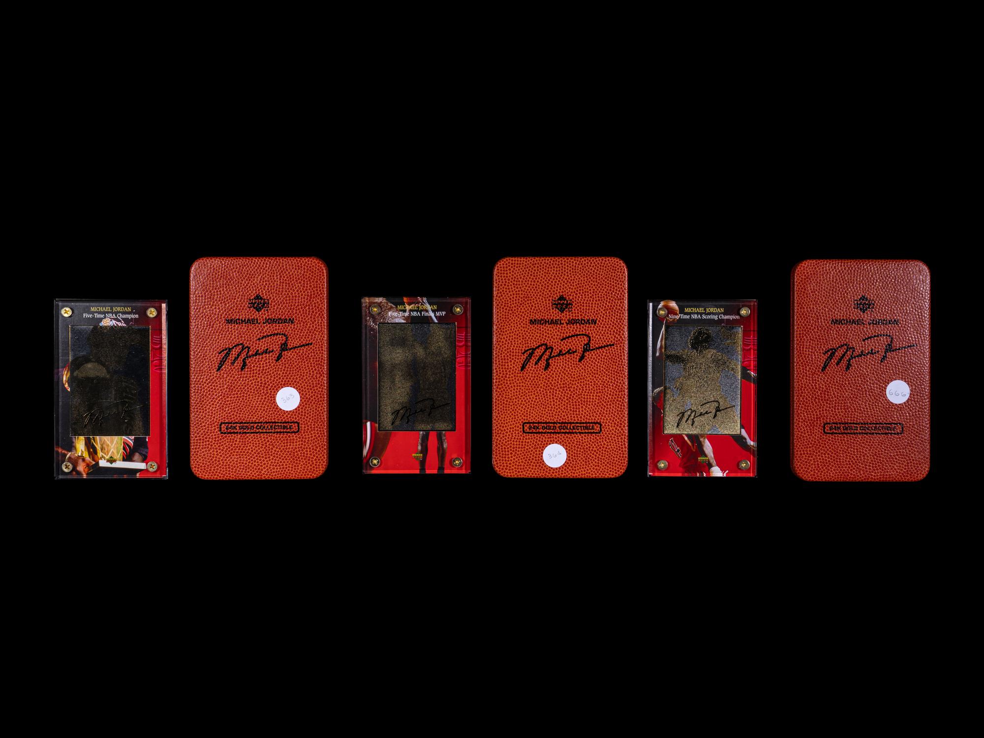 A Group of Three 1997 Upper Deck Limited Edition Michael Jordan 24k Gold Nickel Silver Cards,