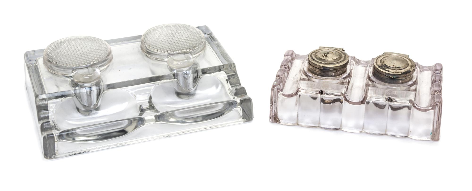 Two Glass Double Inkwells Width of second 6 3/4 inches.