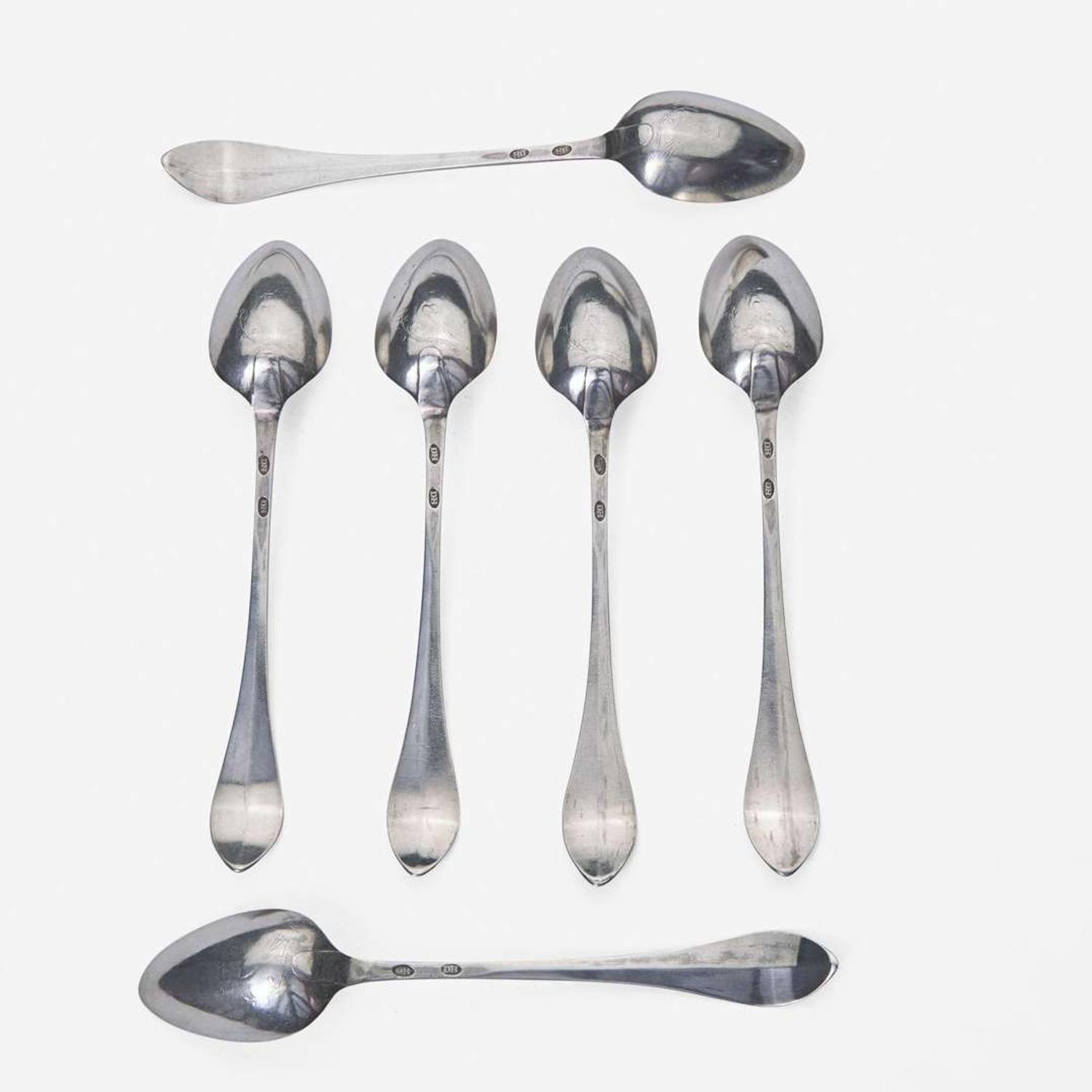 A large collection of twenty-five bird-back and fancy-back teaspoons Various makers, Lancaster, Reading, Philadelphia, PA, and Burlington, NJ, circa 1780-1820