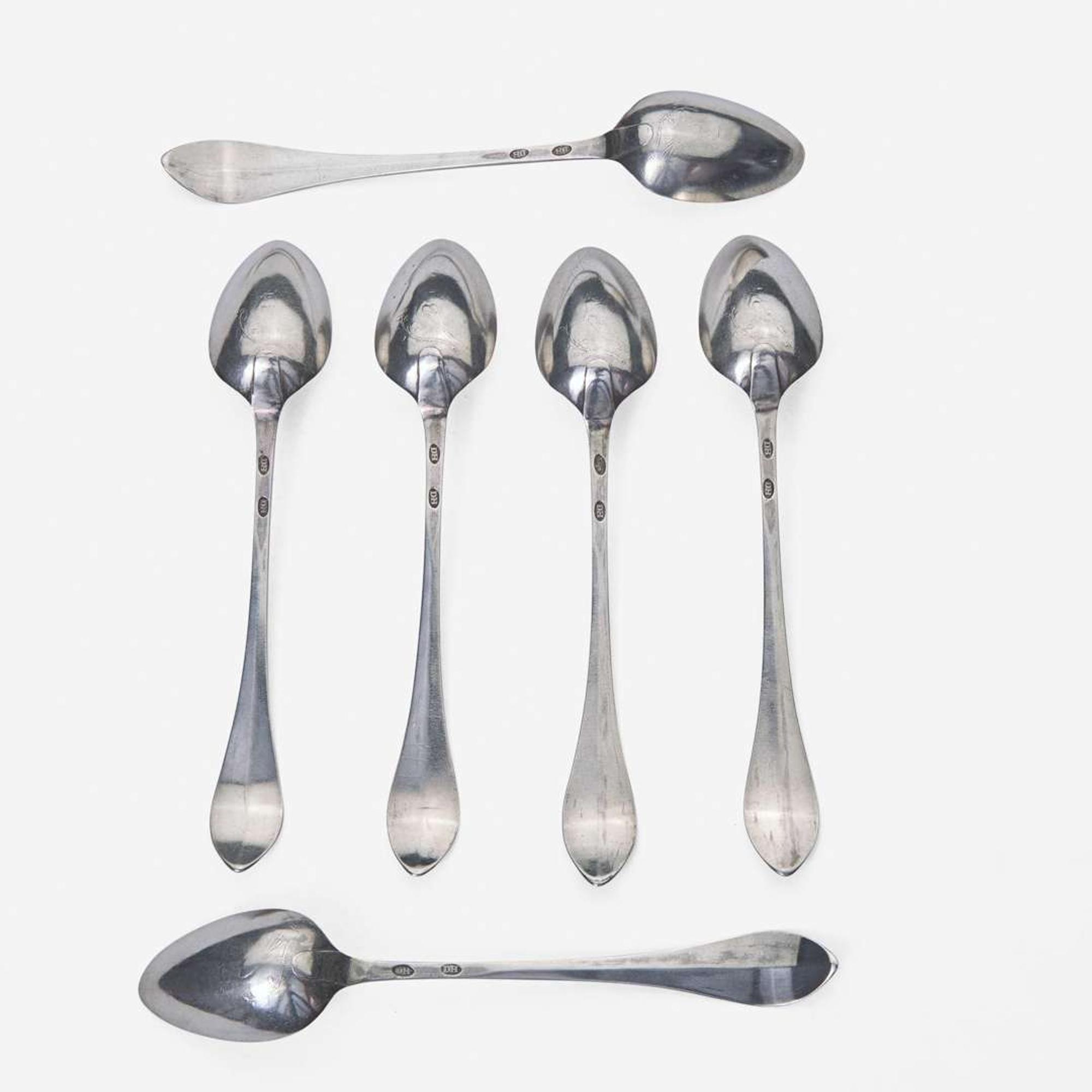 A large collection of twenty-five bird-back and fancy-back teaspoons Various makers, Lancaster, Reading, Philadelphia, PA, and Burlington, NJ, circa 1780-1820