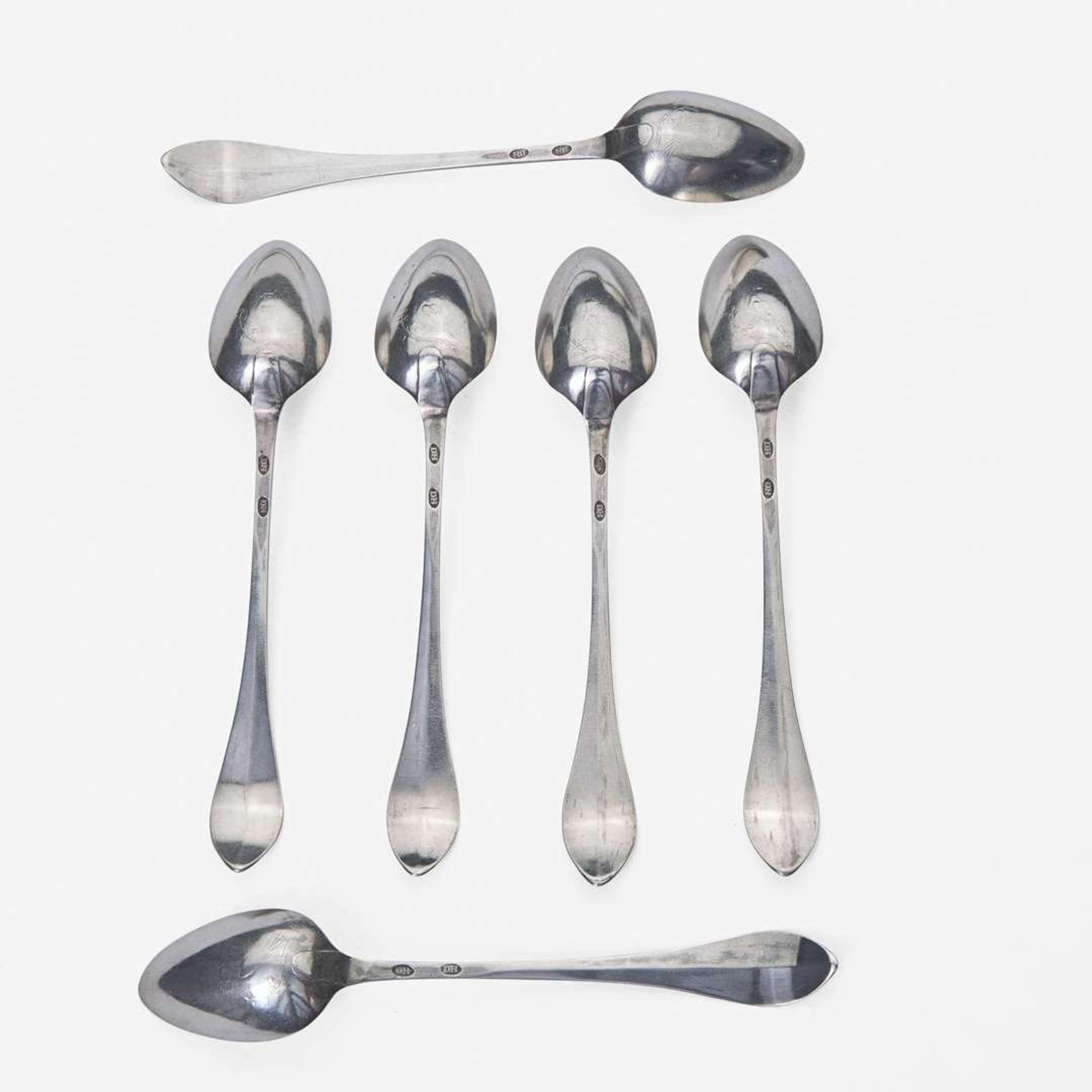 A large collection of twenty-five bird-back and fancy-back teaspoons Various makers, Lancaster, Reading, Philadelphia, PA, and Burlington, NJ, circa 1780-1820