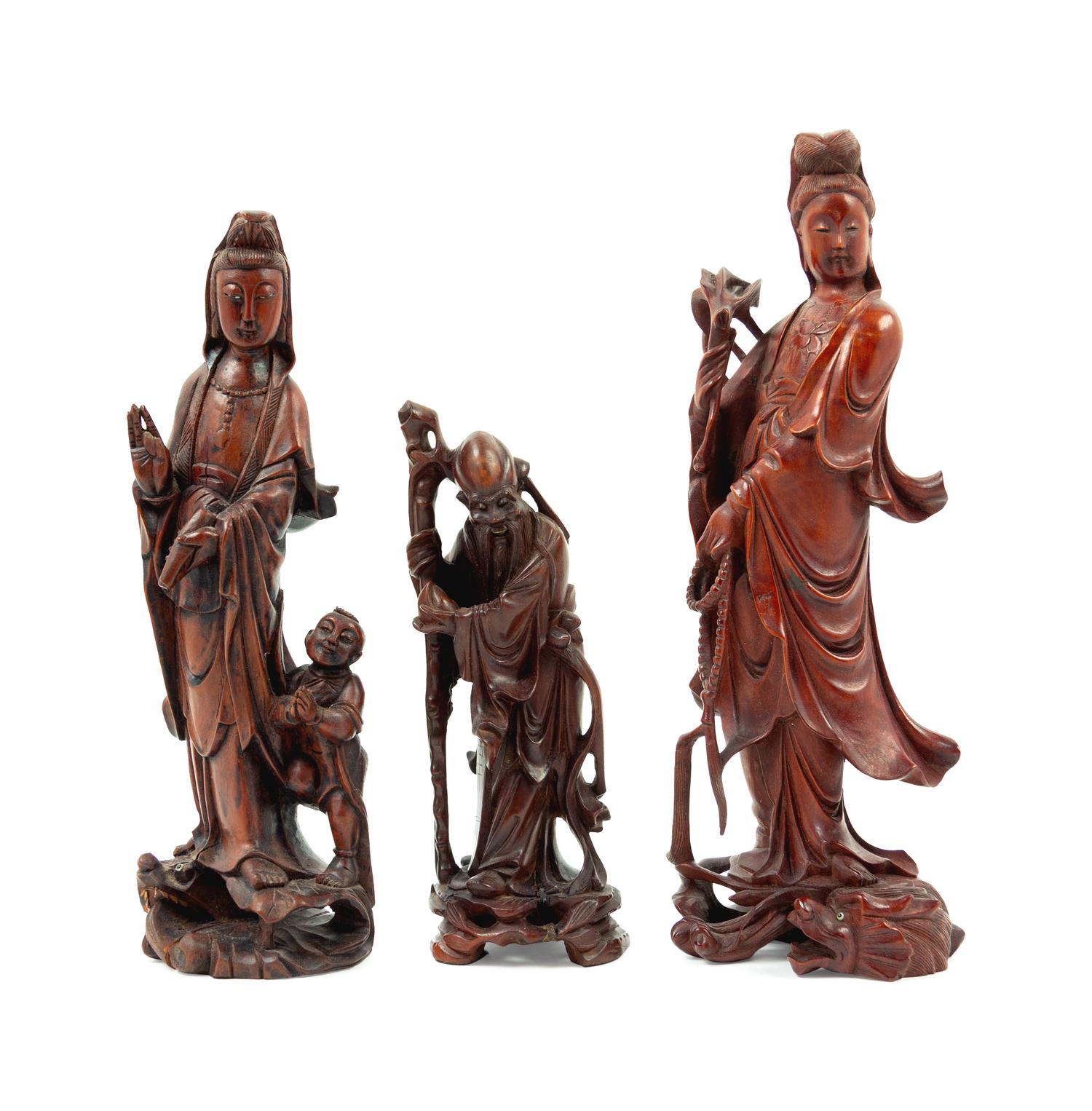 Three Chinese Carved Wood Figures of Immortals