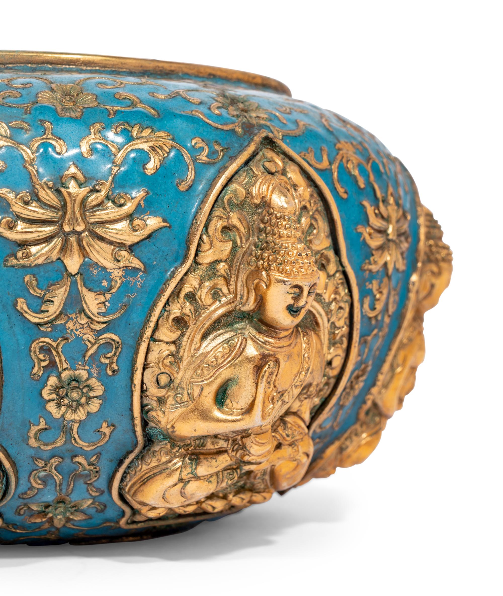 A Pair of Chinese Gilt Bronze Enameled 'Buddhist' Bowls