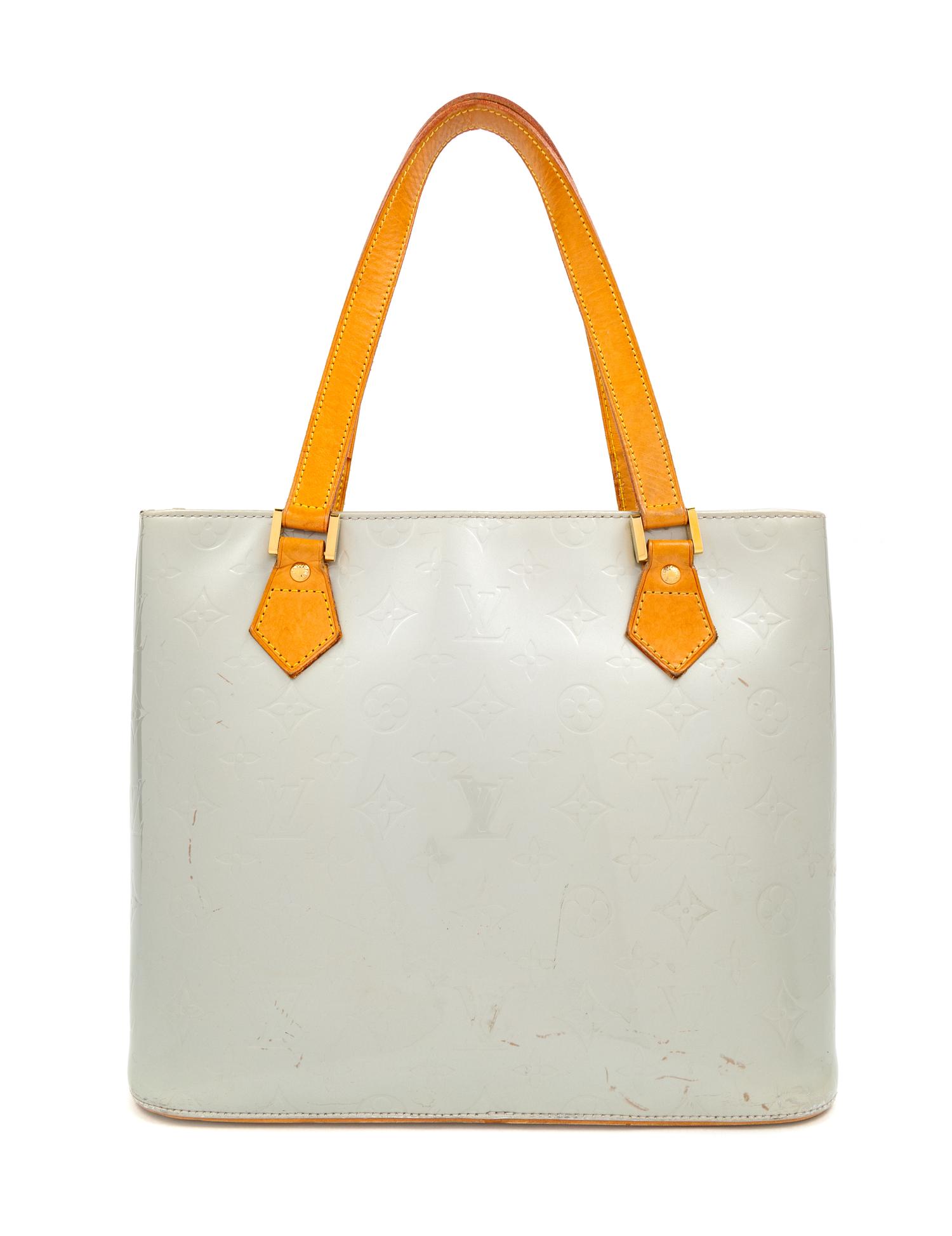 A Louis Vuitton Silver Vernis Houston Tote Bag, 10" H x 11.5" W x 5" D; Strap drop: 7".