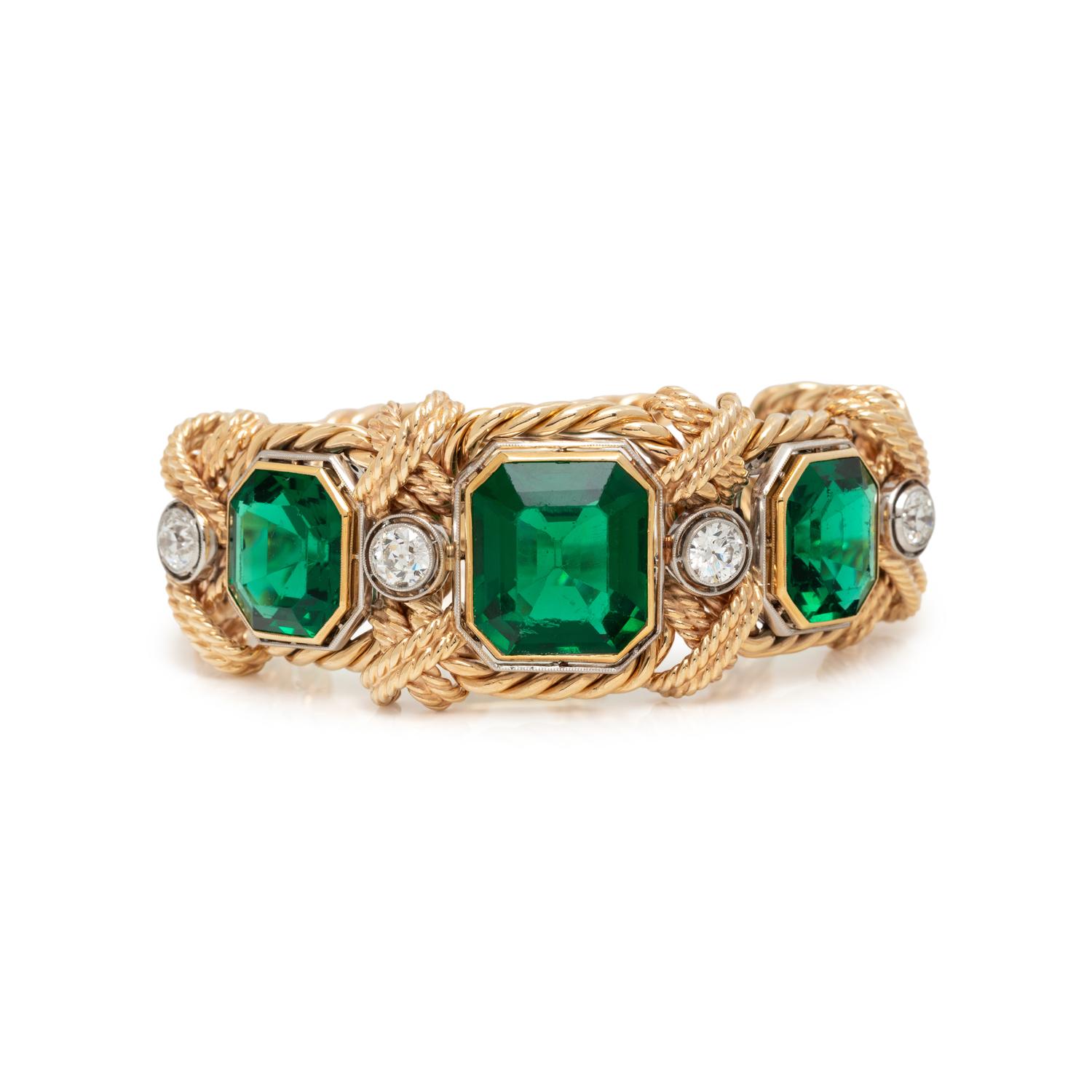 DAVID WEBB, YELLOW GOLD, DIAMOND AND GREEN GLASS BRACELET