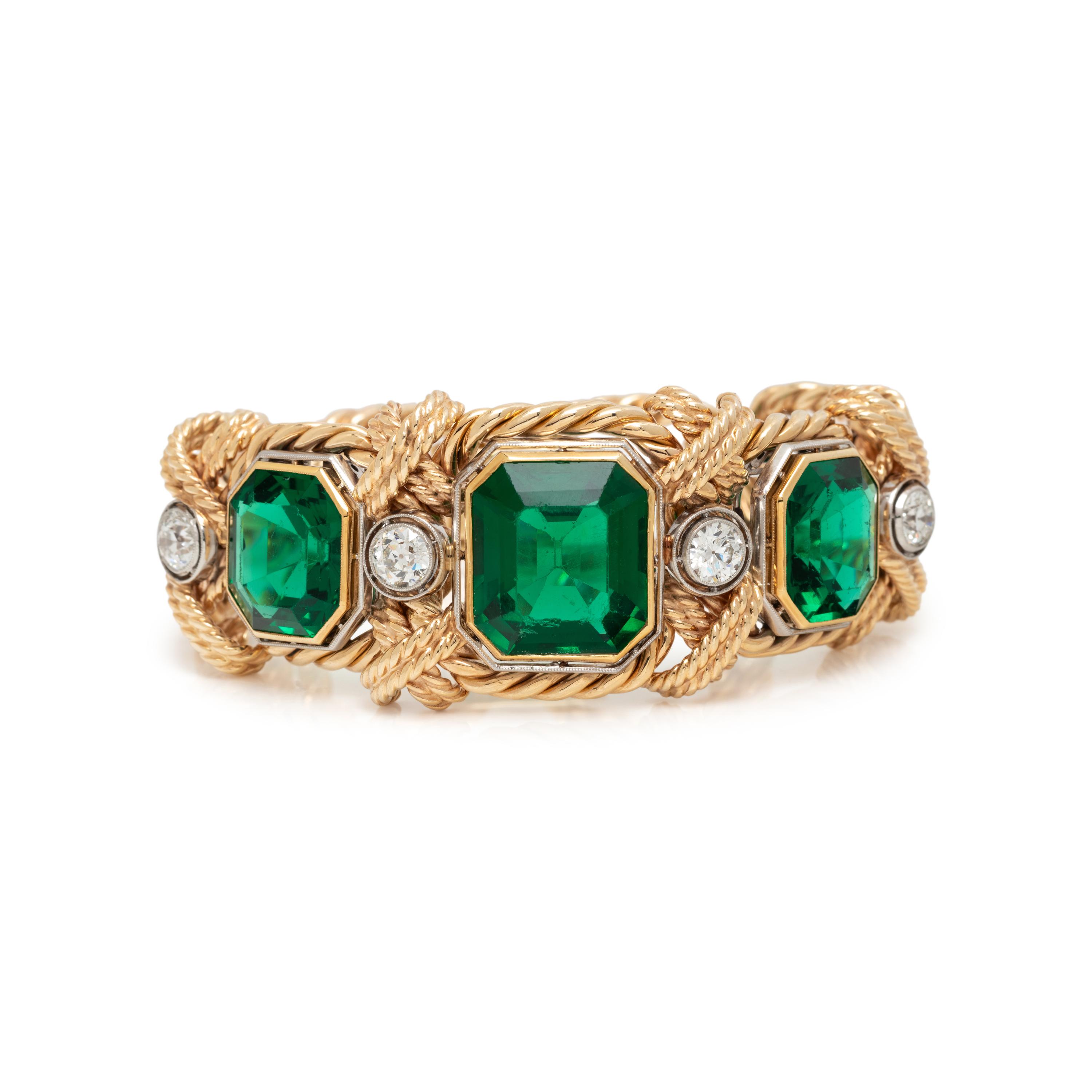 DAVID WEBB, YELLOW GOLD, DIAMOND AND GREEN GLASS BRACELET