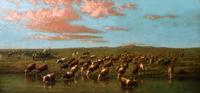 Artist Unknown, (American, 20th Century), Cowboys and Their Herd at the Creek at Twilight