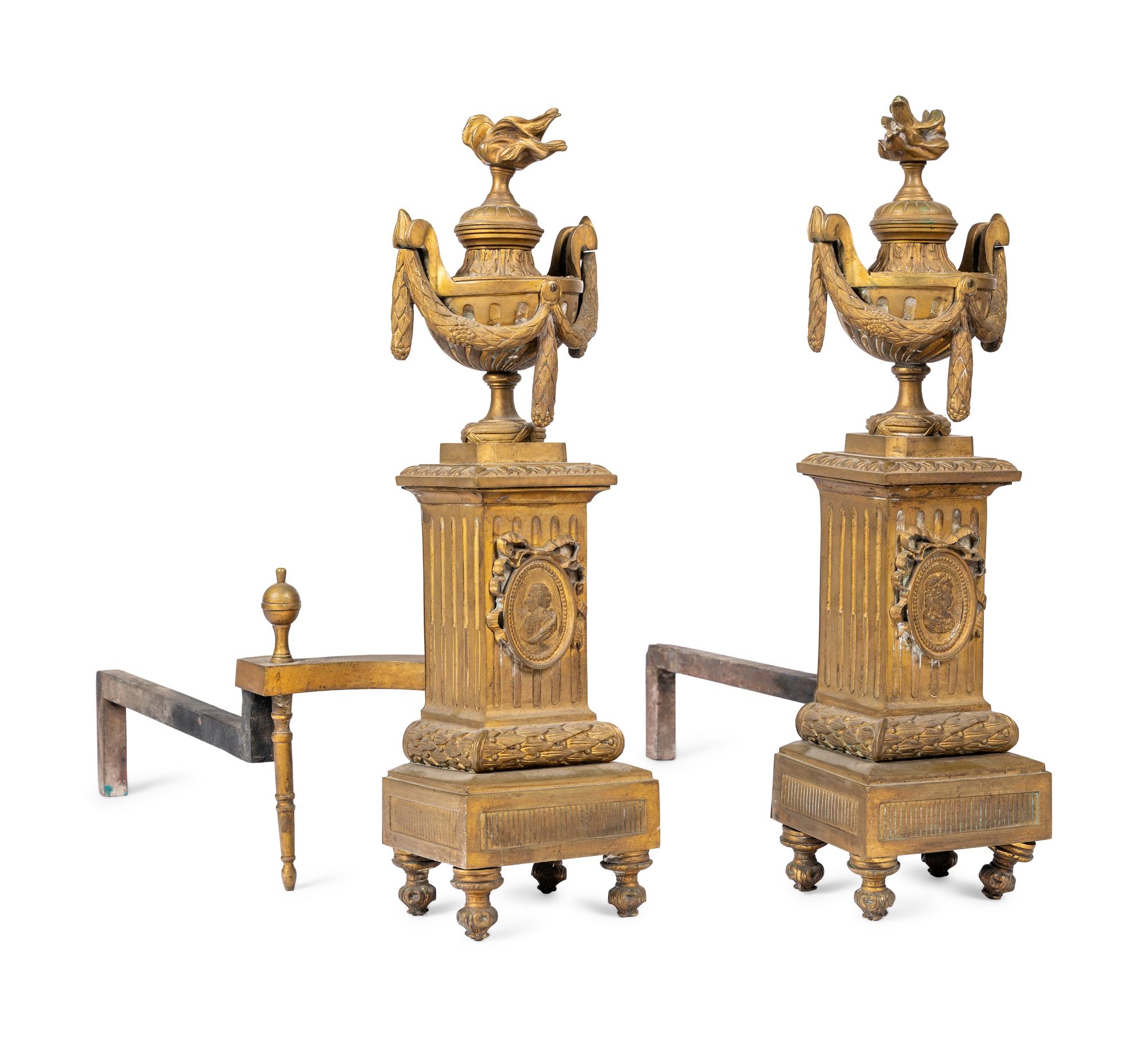 A Pair of Louis XVI Style Gilt Bronze Andirons