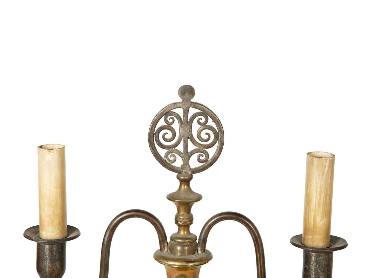 A Pair of Steel and Brass Candelabra Converted to Electricity