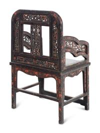 A Chinese Polychrome Lacquered Wood Armchair